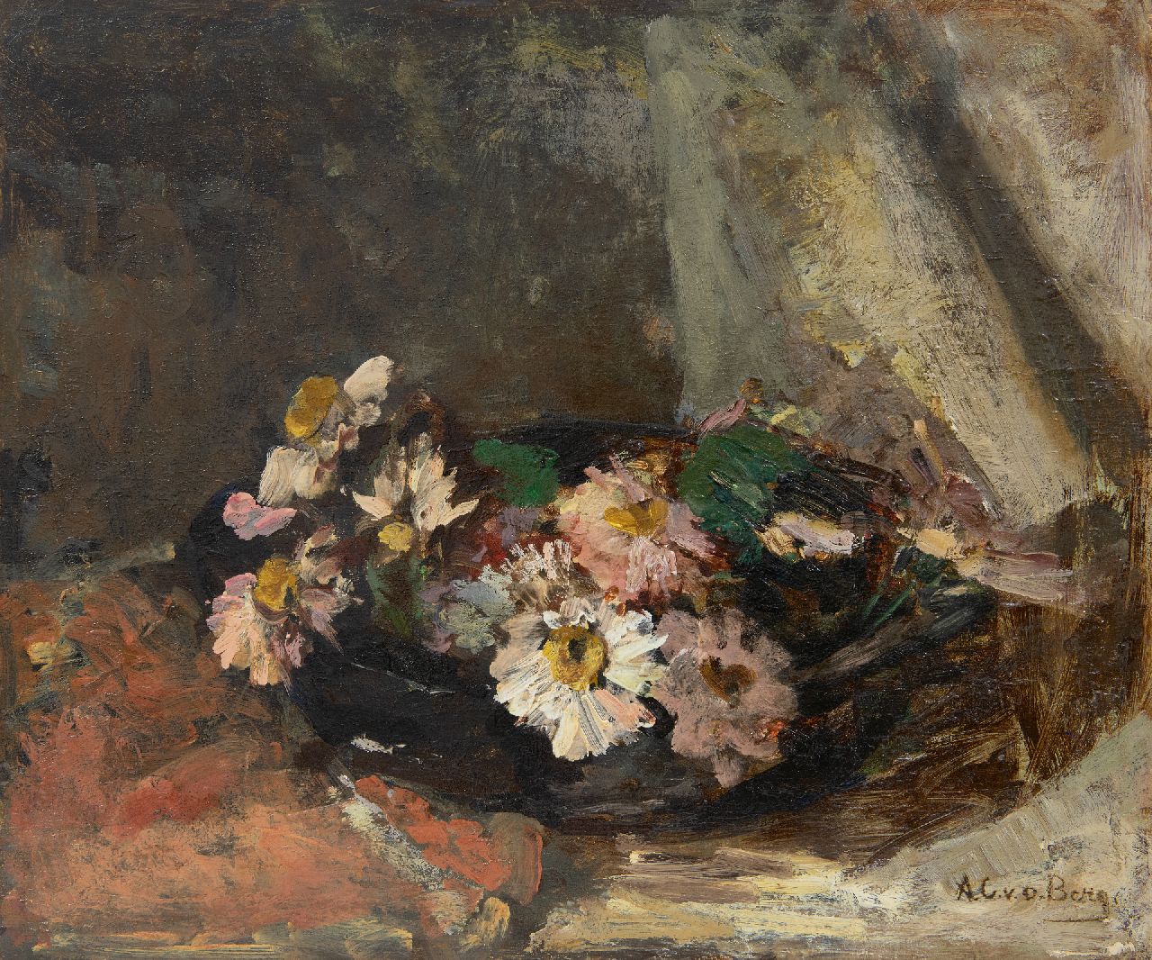 Berg A.C. van den | Anna Carolina 'Ans' van den Berg, Daysies in a bowl, oil on panel 35.0 x 41.1 cm, signed l.r.