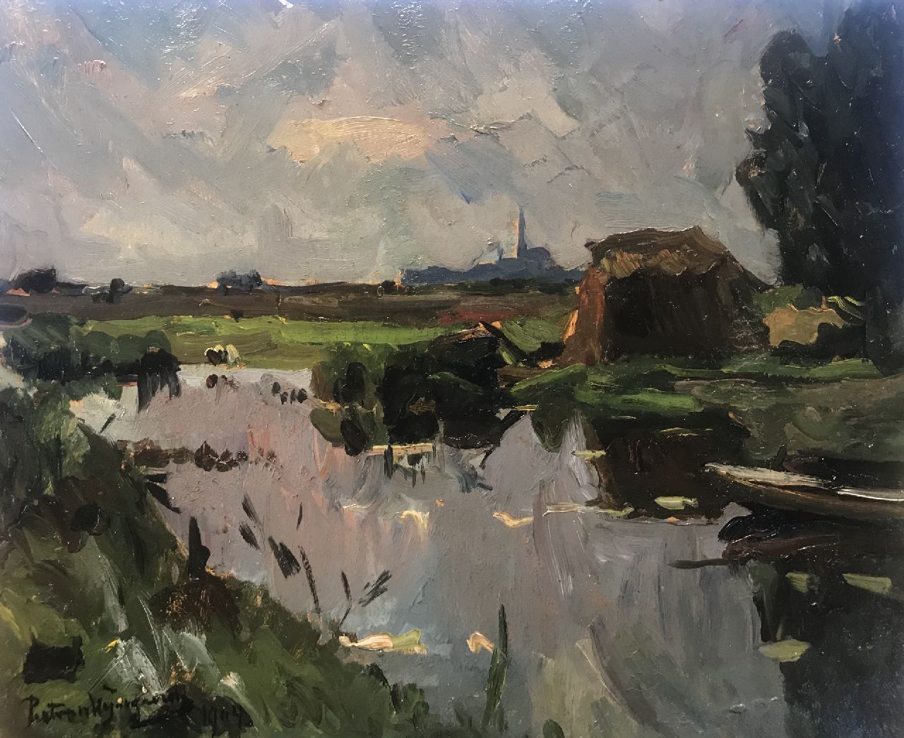 Wijngaerdt P.T. van | Petrus Theodorus 'Piet' van Wijngaerdt, A polder landscape, oil on board 37.7 x 46.8 cm, signed l.l. and dated 1904