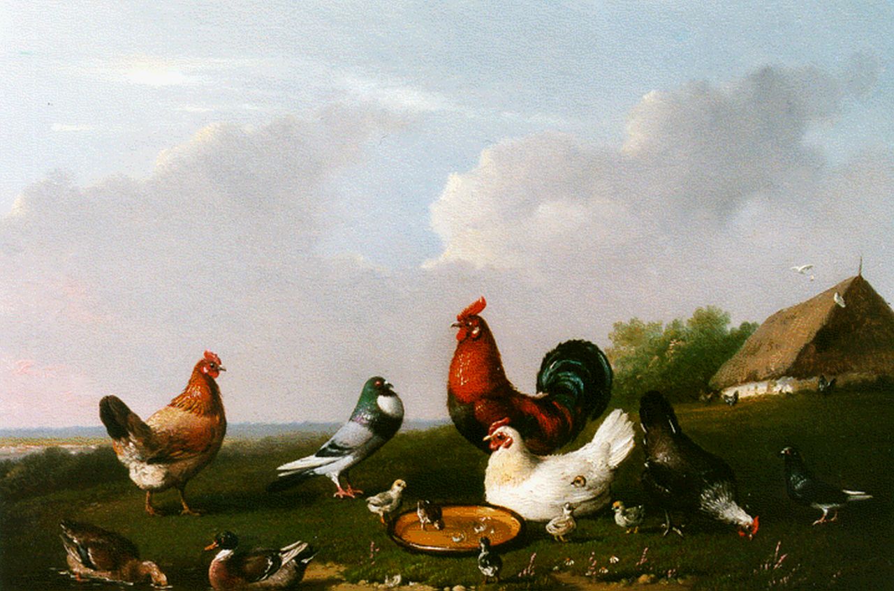 Severdonck F. van | Frans van Severdonck, Poultry by a pond, oil on panel 17.8 x 24.1 cm, signed l.r. and dated 1870