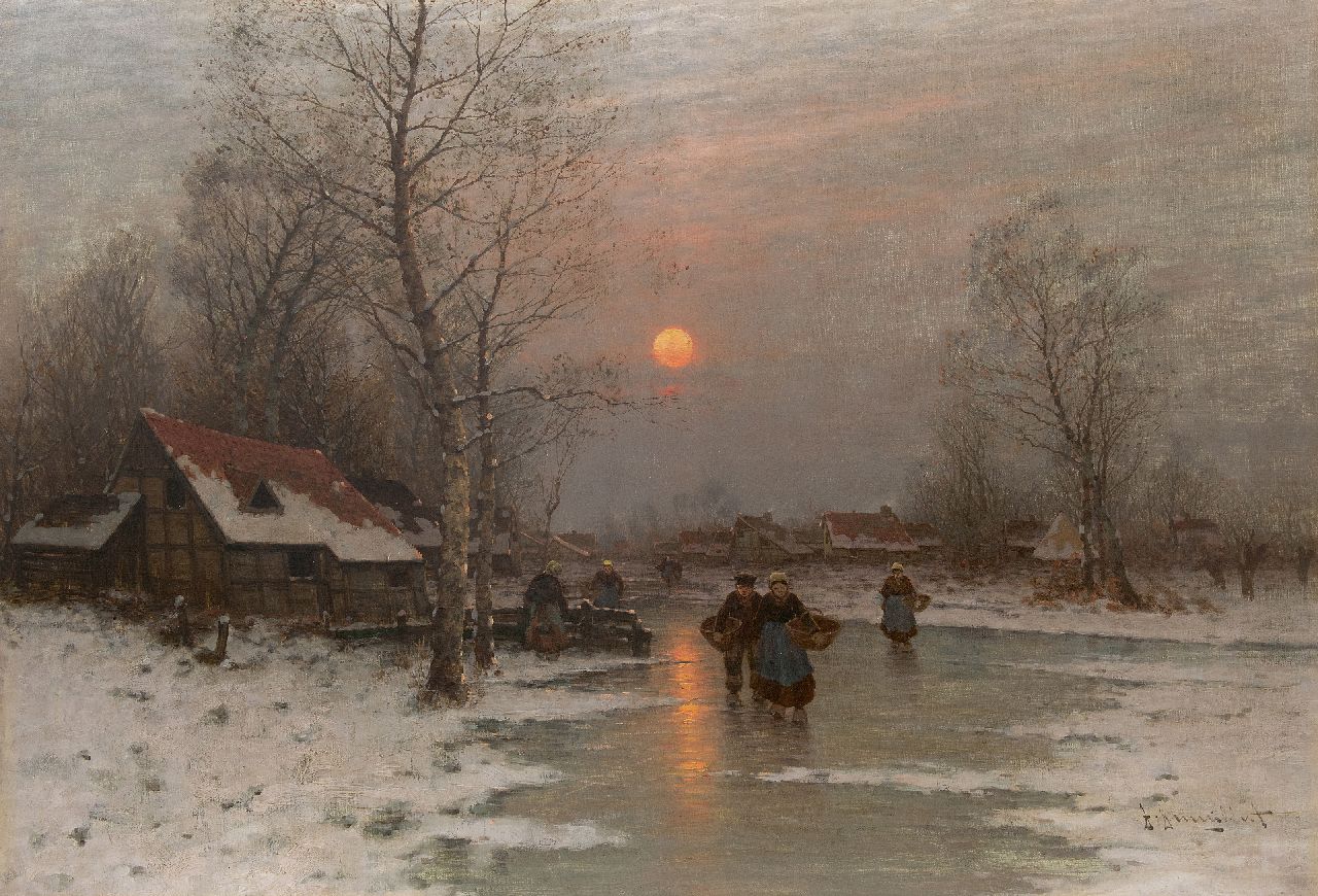 Jungblut J.  | Johann Jungblut | Paintings offered for sale | Land folk on a frozen river, oil on canvas 80.3 x 115.1 cm, signed l.r. and zonder lijst