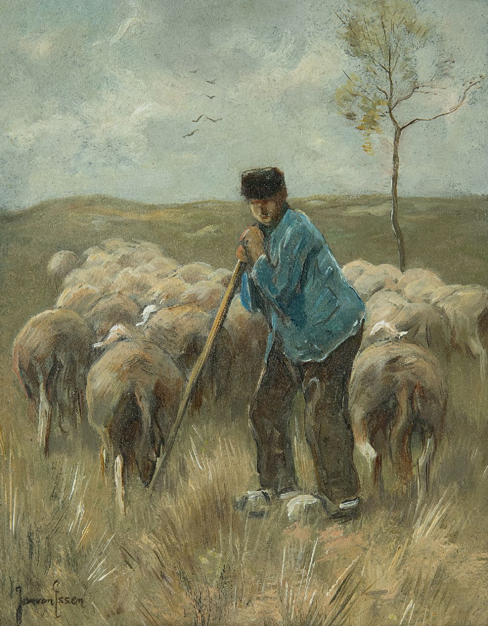 Essen J.C. van | Johannes Cornelis 'Jan' van Essen, A shepherd with his flock, oil on copper 20.0 x 16.0 cm, signed l.l.