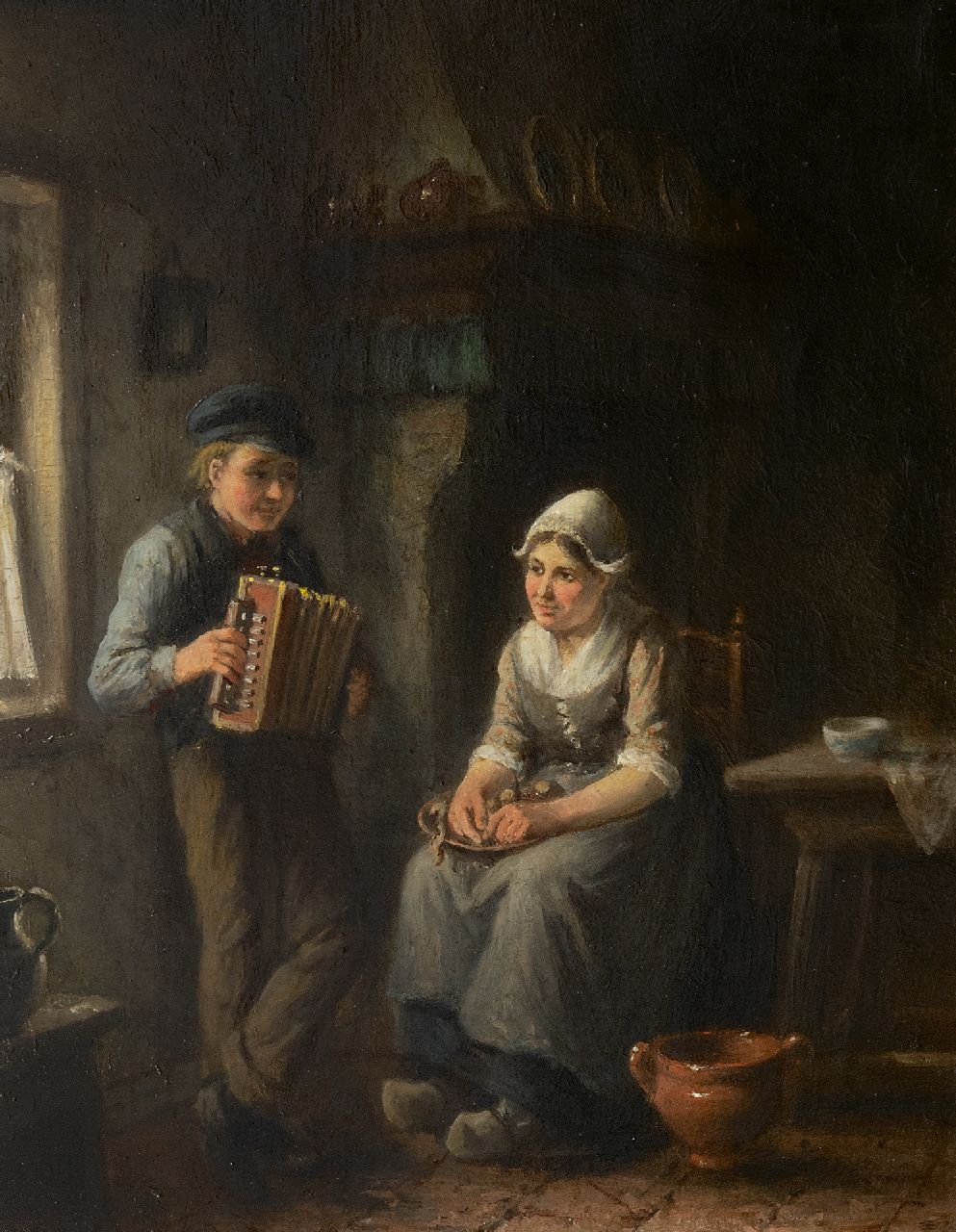 Damschreuder J.J.M.  | Jan Jacobus Matthijs Damschreuder | Paintings offered for sale | The young accordion player, oil on canvas 47.4 x 37.2 cm, signed l.l.