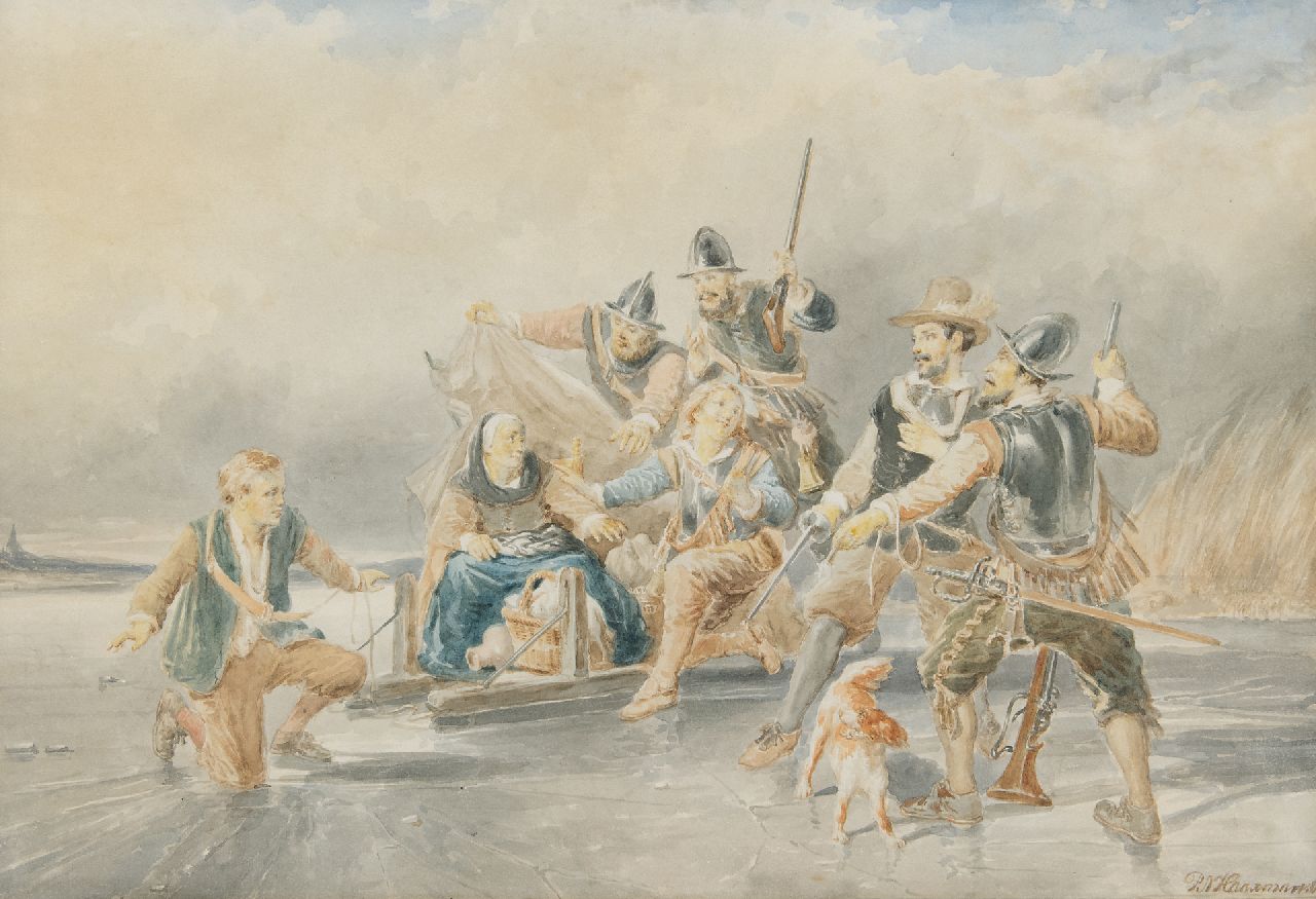 Haaxman P.A.  | Pieter Alardus Haaxman, The escape of Lambert Melisz mother during the Eighty Years' War, watercolour on paper 33.7 x 50.8 cm, signed l.r. and dated '66