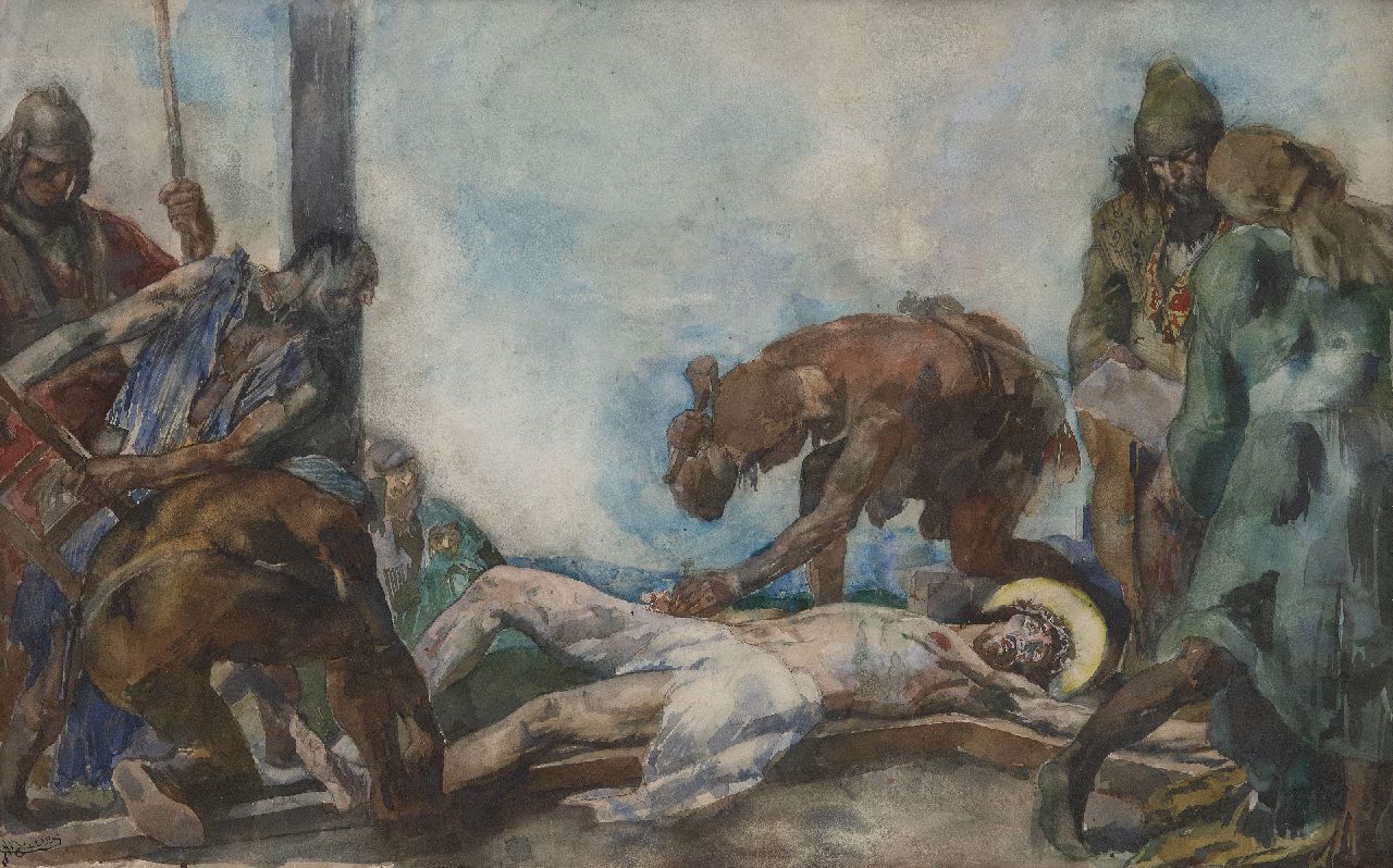 Jurres J.H.  | Johannes Hendricus Jurres | Watercolours and drawings offered for sale | The crucifixion of Christ, watercolour on paper 39.3 x 61.4 cm, signed l.l.