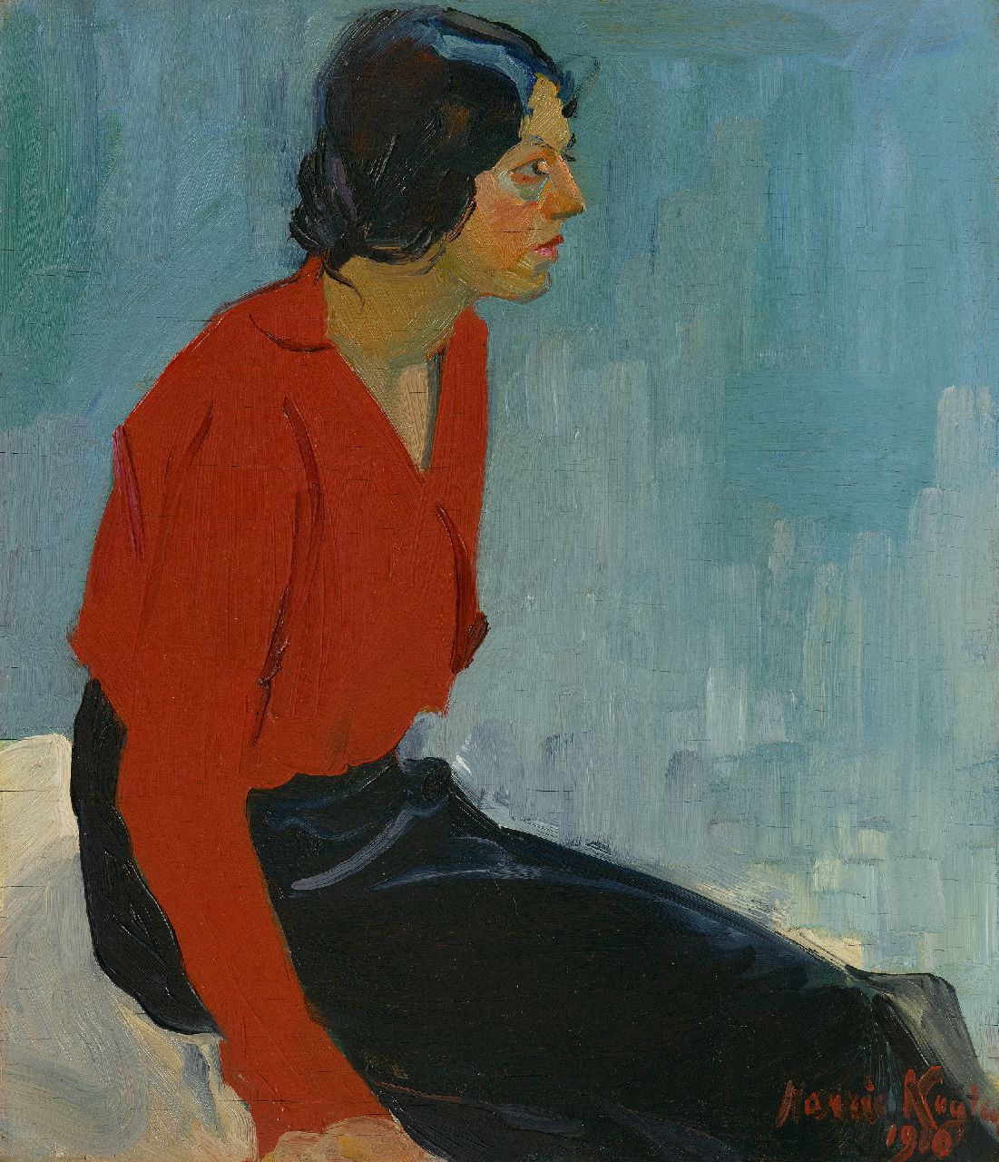 Kuijten H.J.  | Henricus Johannes 'Harrie' Kuijten | Paintings offered for sale | A woman in a red blouse, oil on panel 57.1 x 49.5 cm, signed l.r. and dated 1910