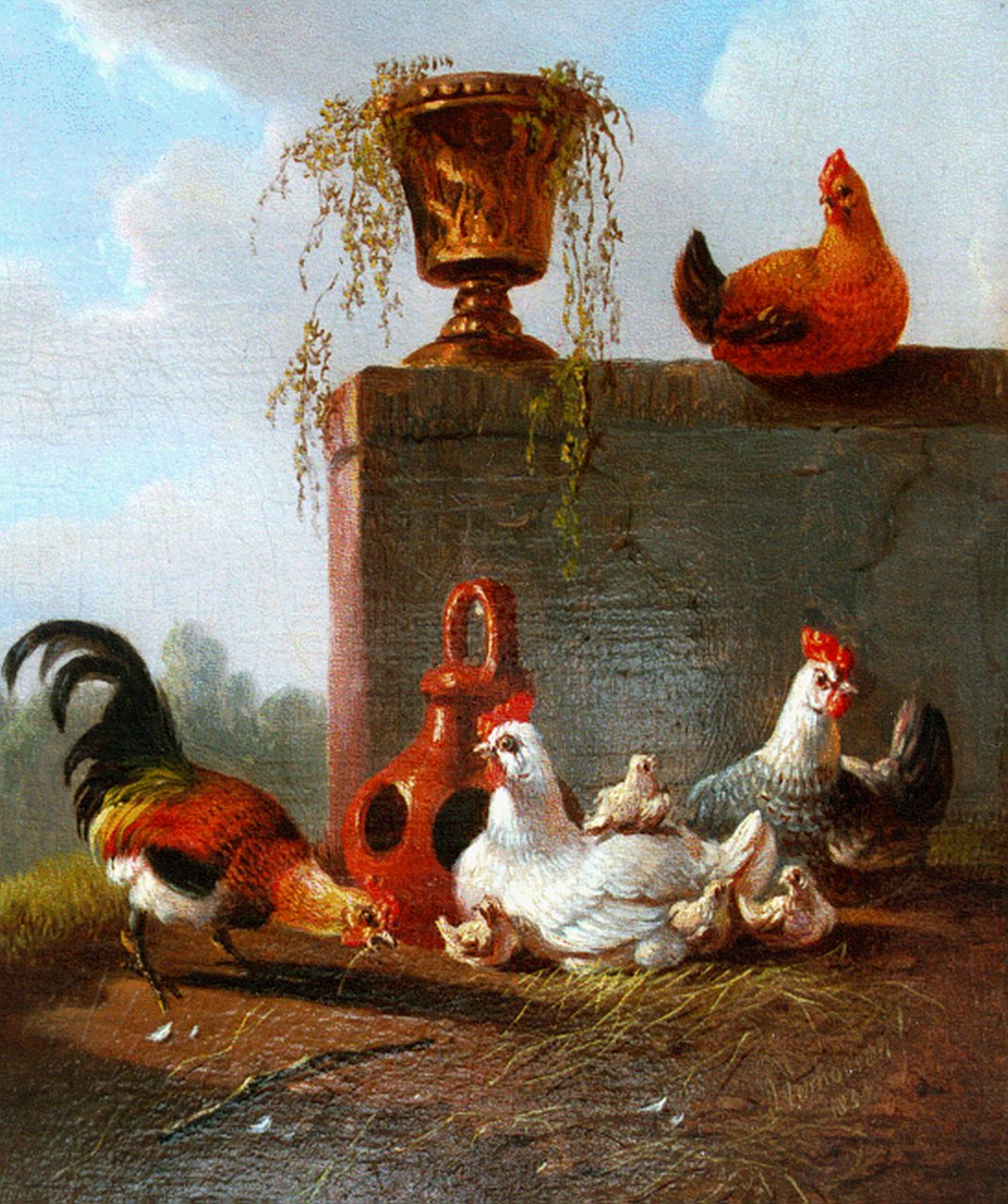 Verhoesen A.  | Albertus Verhoesen, Poultry in a classical landscape, oil on panel 12.1 x 10.2 cm, signed l.r. and dated 1857