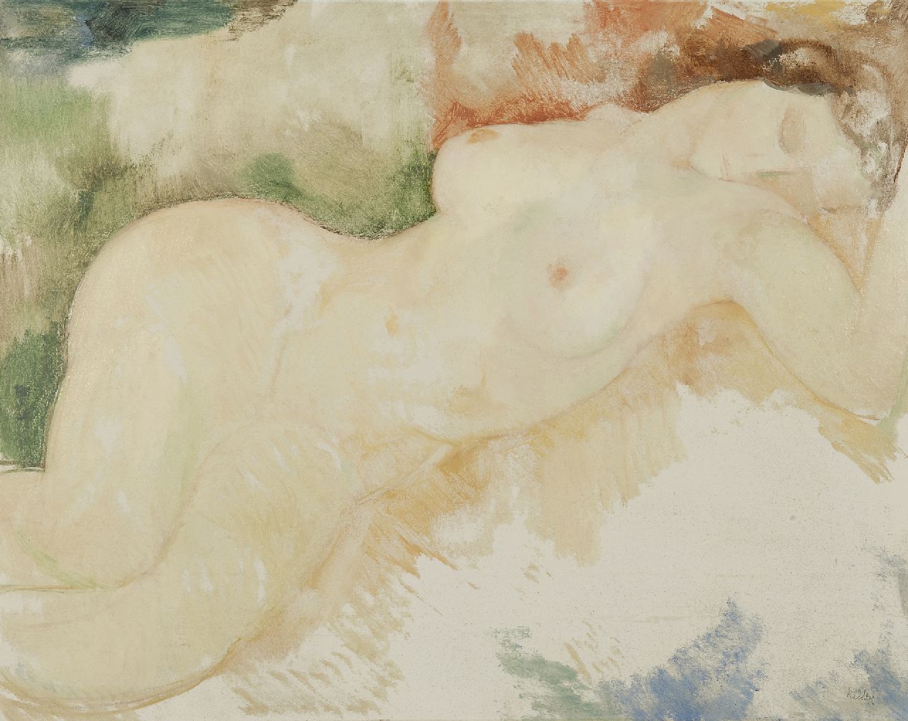 Kelder A.B.  | Antonius Bernardus 'Toon' Kelder | Paintings offered for sale | Reclining nude, oil on painter's board 69.4 x 88.1 cm, signed l.r.