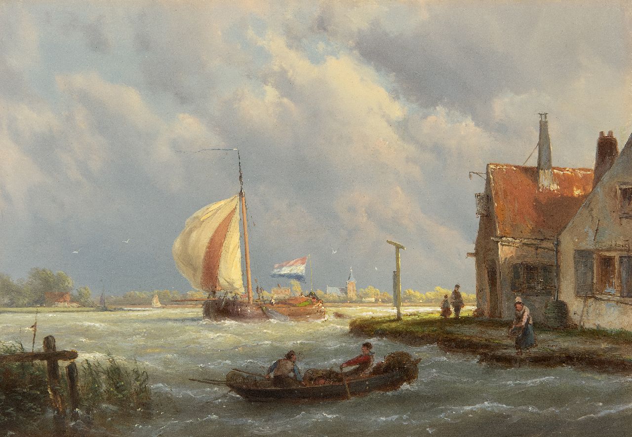 Koekkoek H.  | Hermanus Koekkoek | Paintings offered for sale | Sailing tjalk in sturdy weather, oil on panel 22.1 x 32.0 cm, signed c.r. on the house
