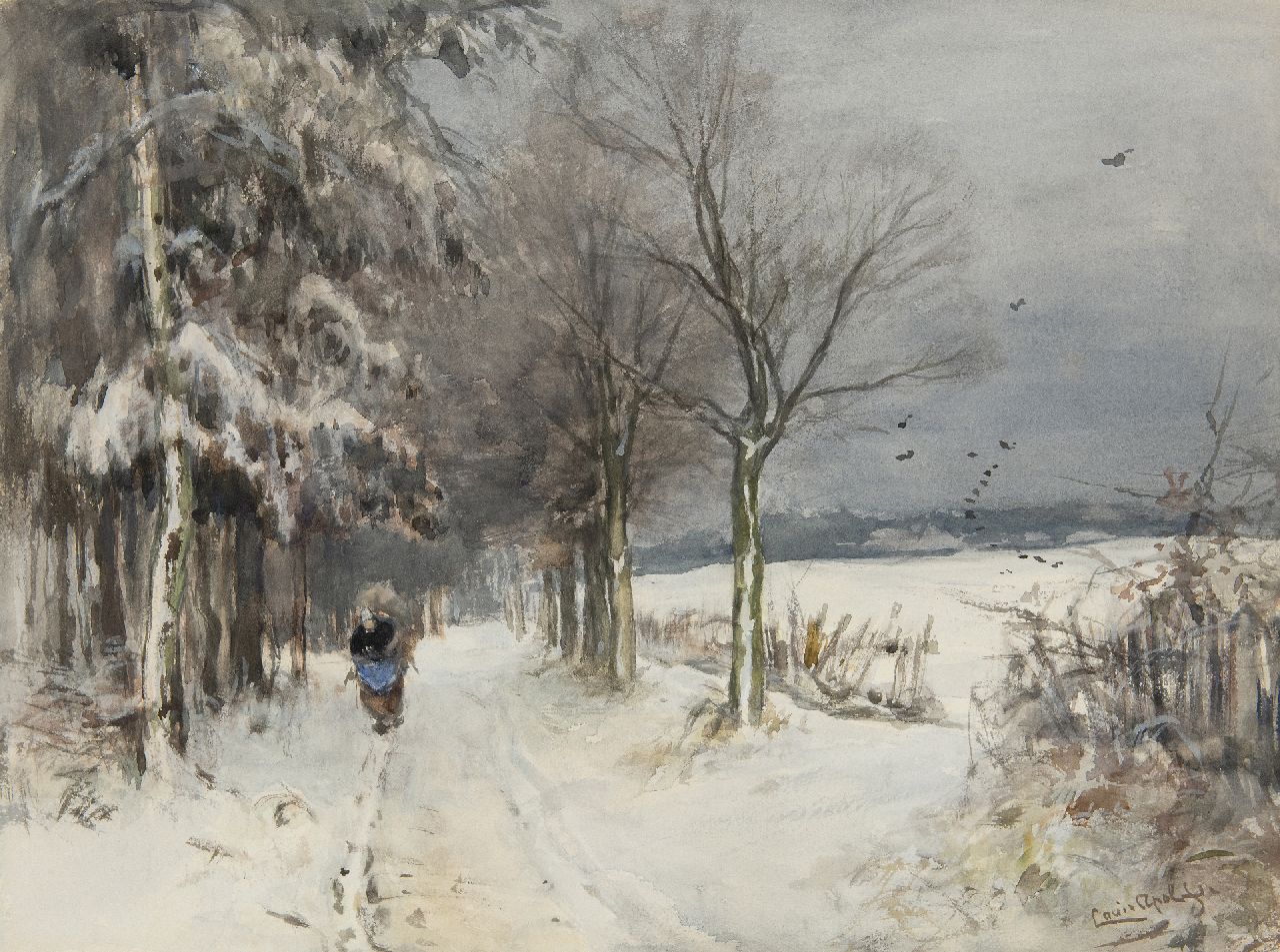 Apol L.F.H.  | Lodewijk Franciscus Hendrik 'Louis' Apol | Watercolours and drawings offered for sale | A snowy landscape with a wood gatherer, watercolour and gouache on paper 40.1 x 53.1 cm, signed l.r.