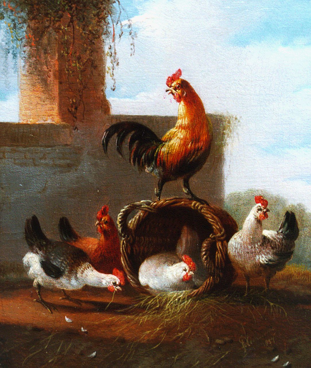 Verhoesen A.  | Albertus Verhoesen, Poultry in a classical landscape, oil on panel 12.1 x 10.2 cm, signed l.r. and dated 1857