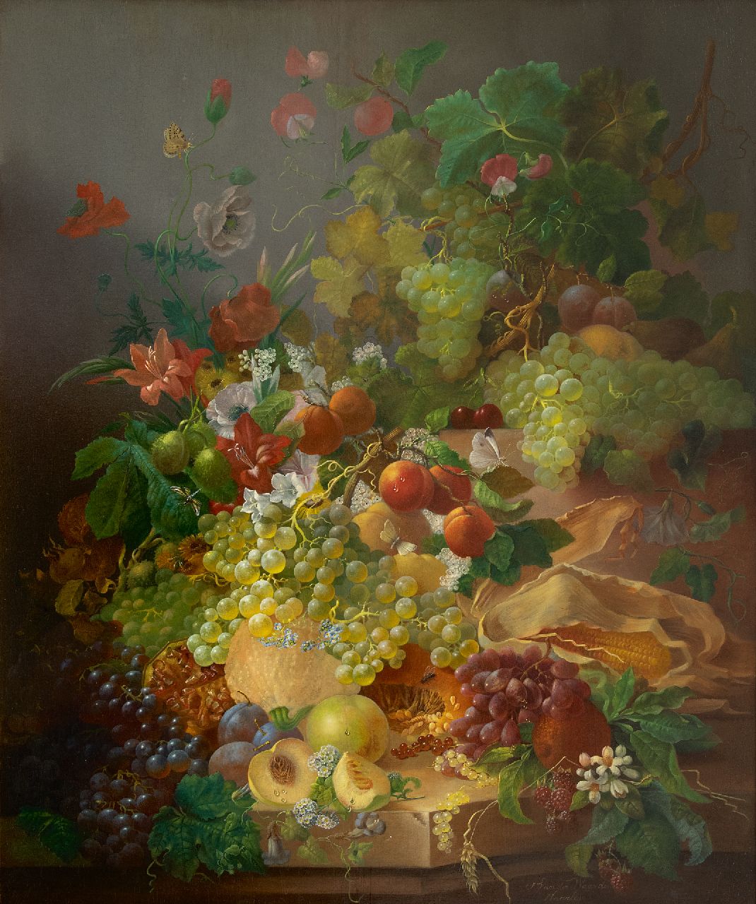 Waarden J. van der | Jan van der Waarden | Paintings offered for sale | A still life with fruit and flowers, oil on panel 91.8 x 76.7 cm, signed l.r. and painted after 1850