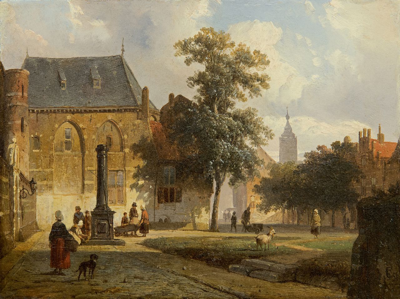 Springer C.  | Cornelis Springer, A sunny Dutch town with figures near a water pump, oil on panel 16.3 x 21.7 cm, signed l.r. with monogram and dated '51