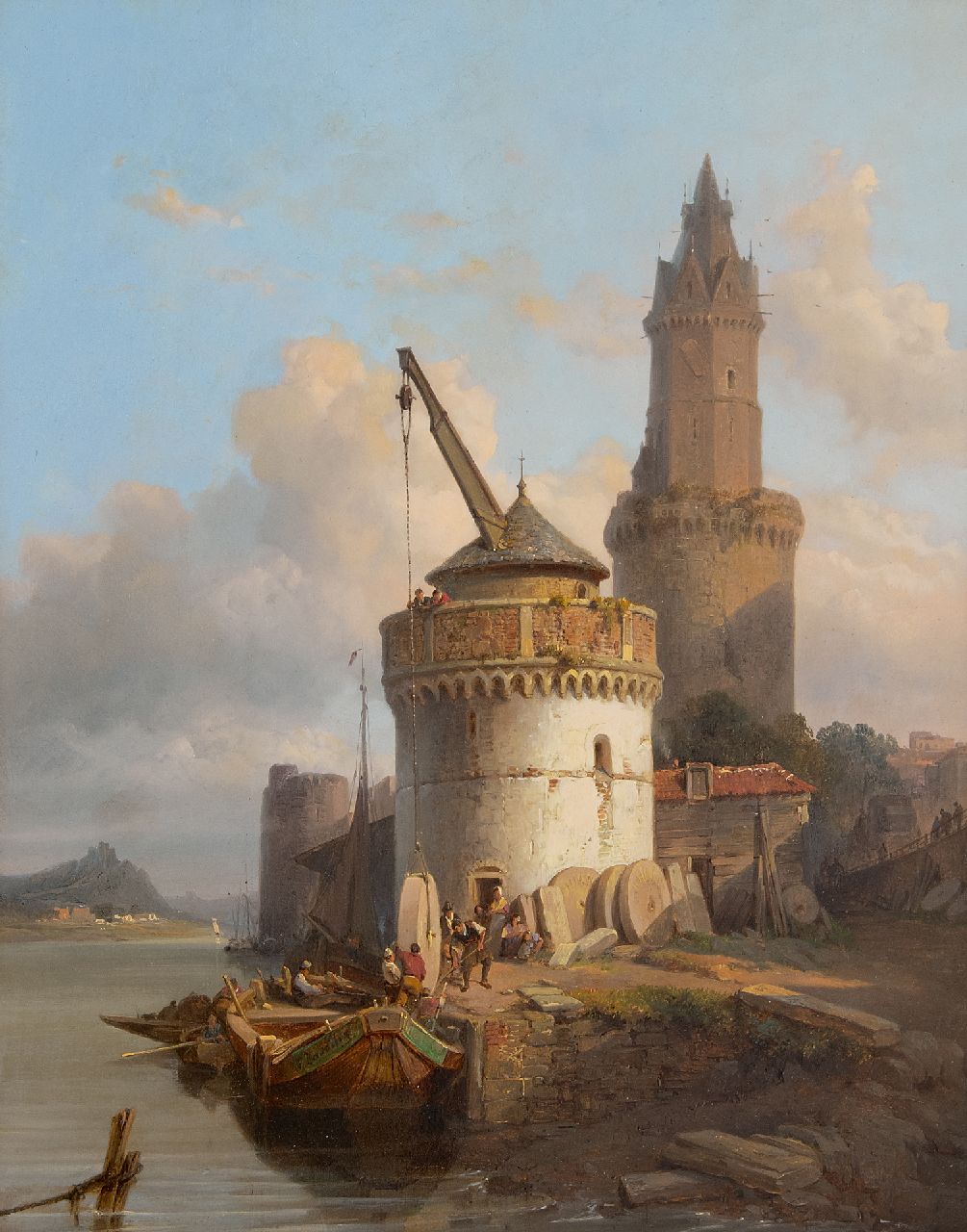 Bossuet F.A.  | François Antoine Bossuet, Loading millstones in Andernach on the Rhine, oil on panel 39.5 x 31.0 cm, signed on the prow of the ship