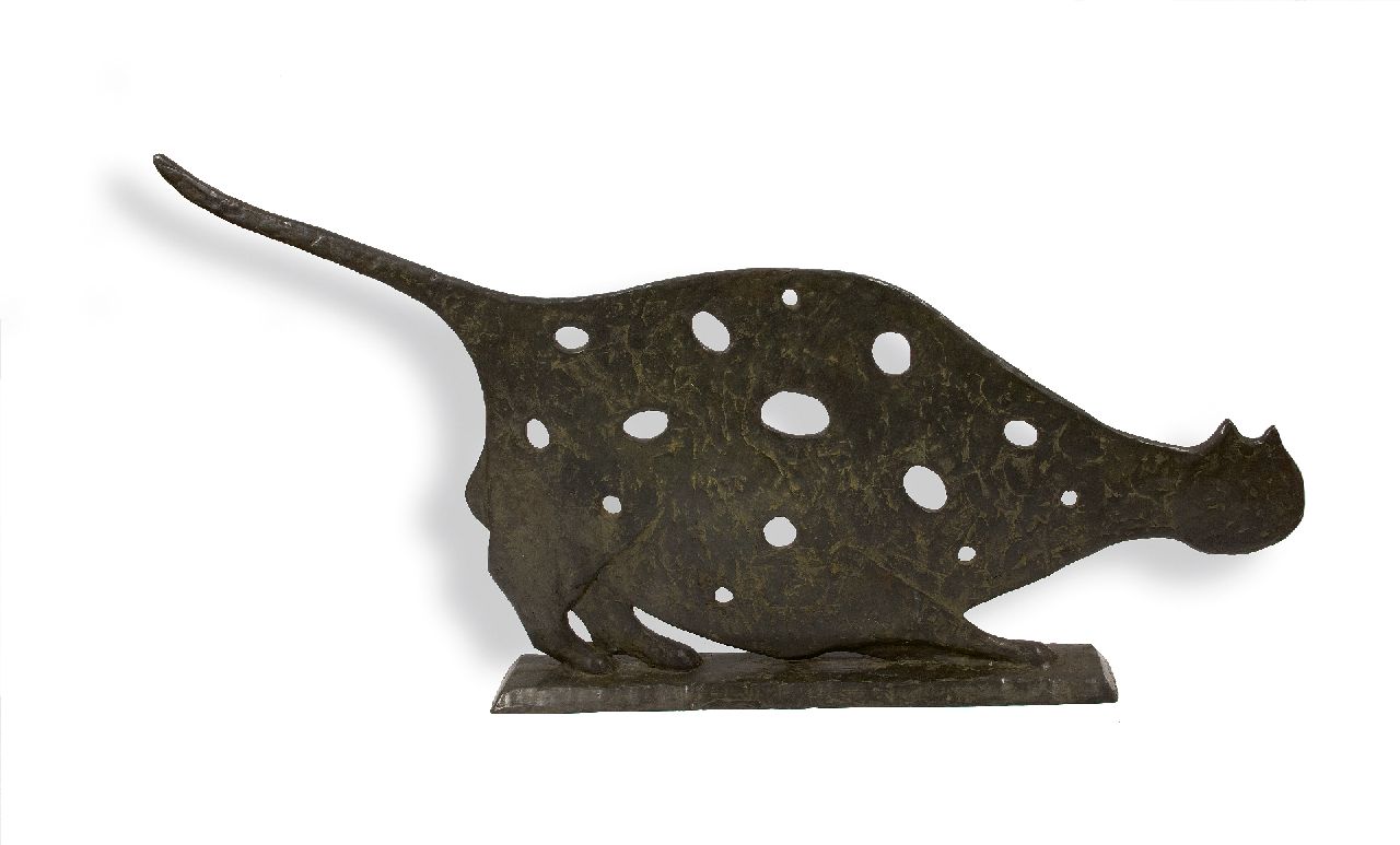 Hemert E. van | Evert van Hemert | Sculptures and objects offered for sale | The cat with holes, bronze 55.0 x 116.0 cm, signed on the base and executed in 2017