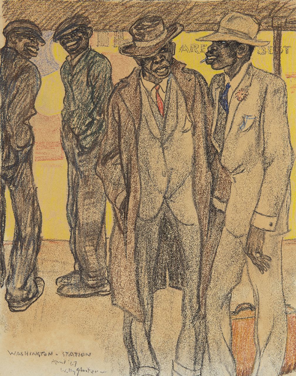 Sluiter J.W.  | Jan Willem 'Willy' Sluiter | Watercolours and drawings offered for sale | On the platform, Washington Station, black and coloured chalk on paper 46.5 x 36.6 cm, signed l.l. and dated April '27