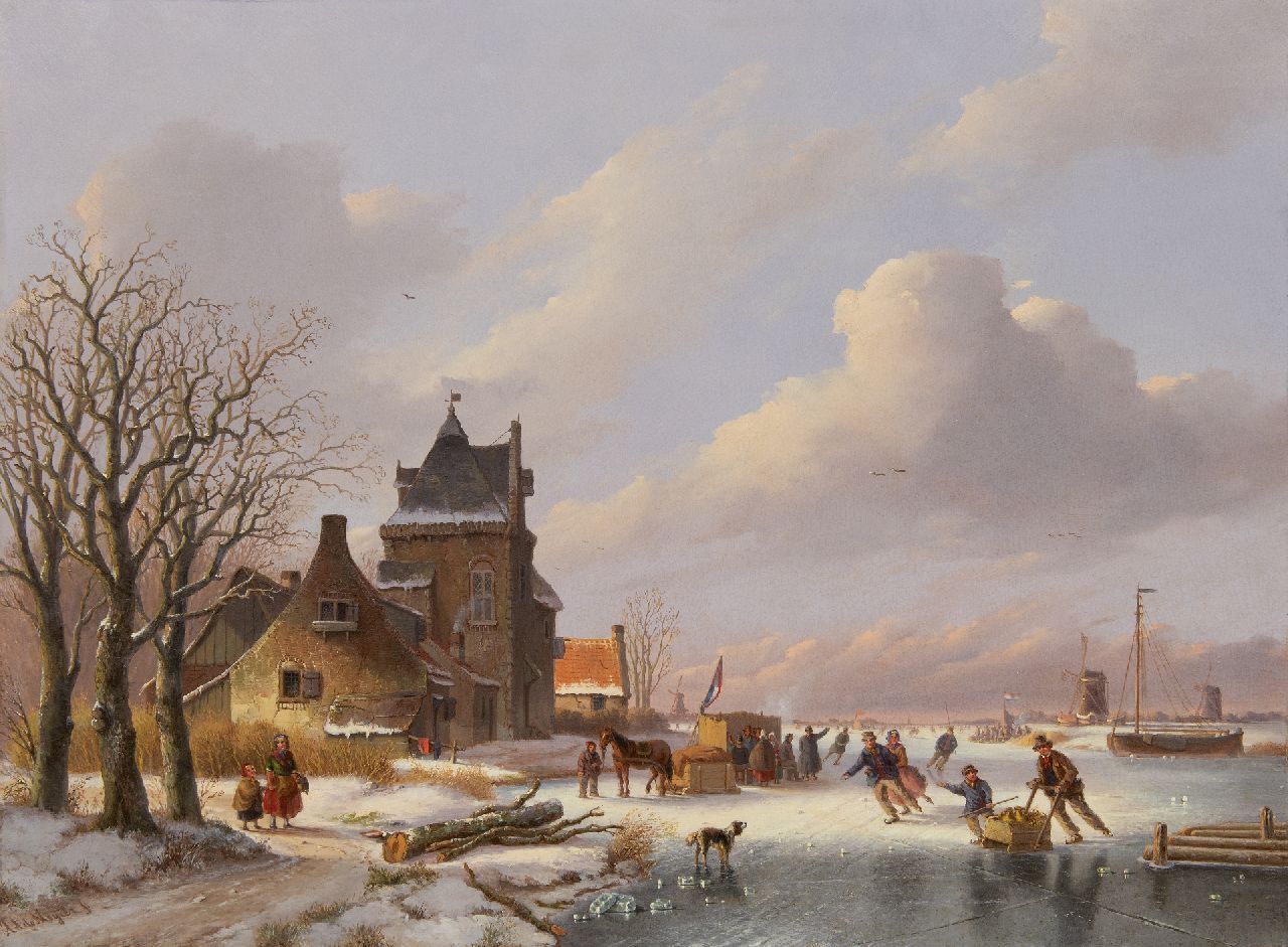 Meijier A.A. de | Anthony Andreas de Meijier, A winter landscape with skaters and a koek-en-zopie, oil on panel 53.5 x 72.9 cm, signed l.l.