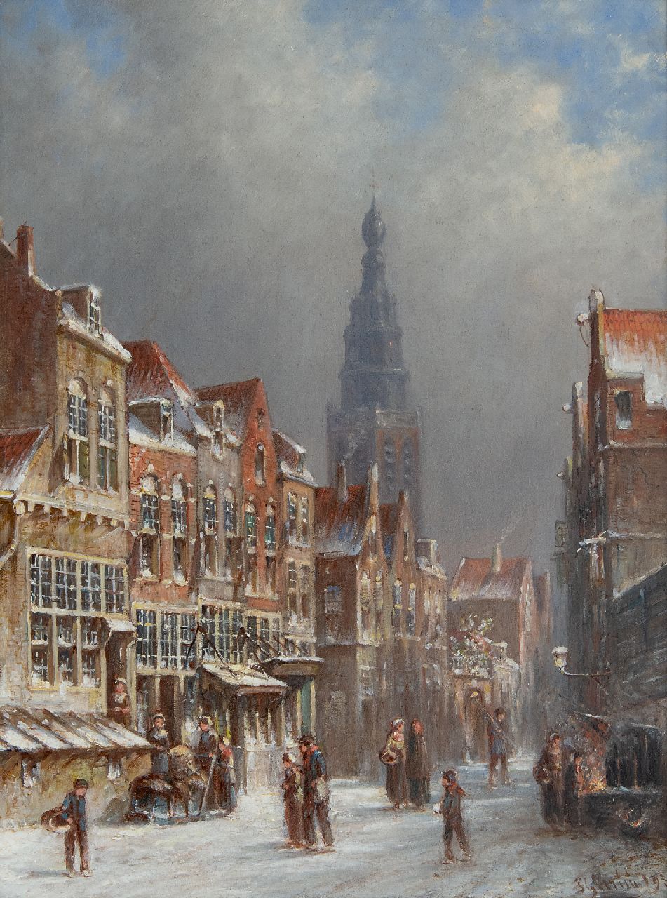Vertin P.G.  | Petrus Gerardus Vertin, A snowy Dutch street scene, oil on panel 35.7 x 27.0 cm, signed l.r. and dated '93