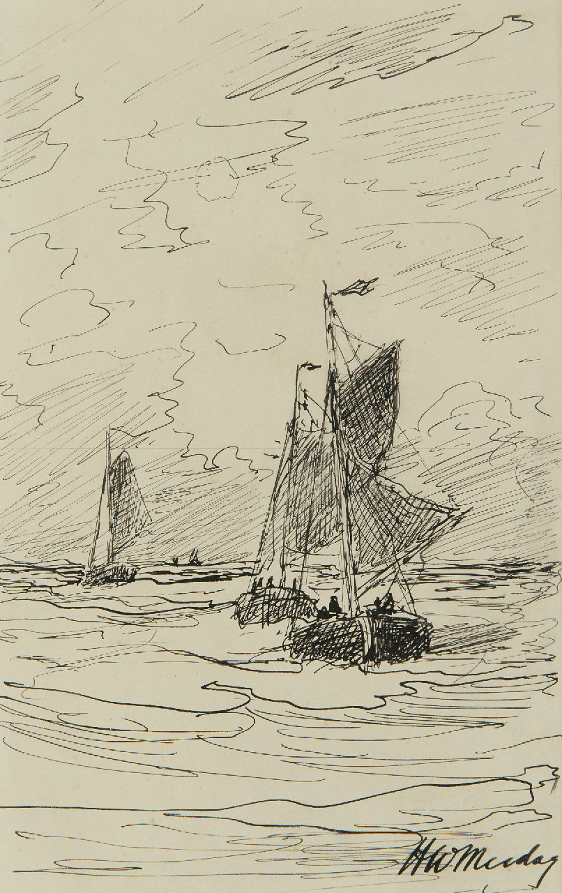 Mesdag H.W.  | Hendrik Willem Mesdag, Fishing vessels at sea, pen and ink on paper 20.7 x 13.0 cm, signed l.r.