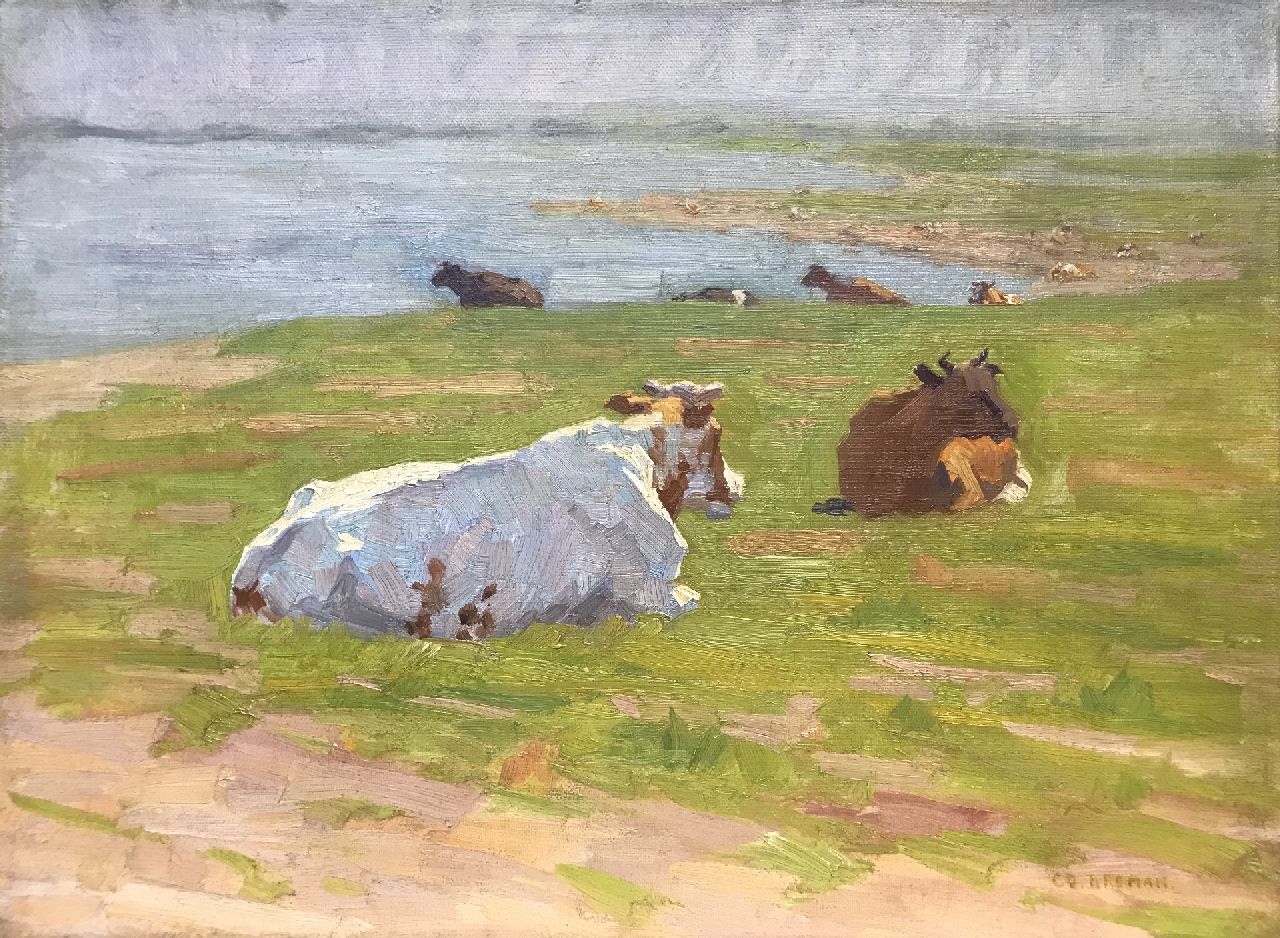 Breman A.J.  | Ahazueros Jacobus 'Co' Breman, Cattle in a meadow (along the river IJssel), oil on canvas 28.2 x 38.4 cm, signed l.r.