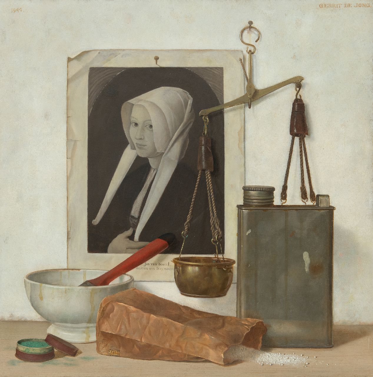 Jong G. de | Gerrit de Jong, A still life of a white bowl, a scale and a print of a painting by Jan Scorel, oil on canvas 50.3 x 50.3 cm, signed u.r. and dated 1944