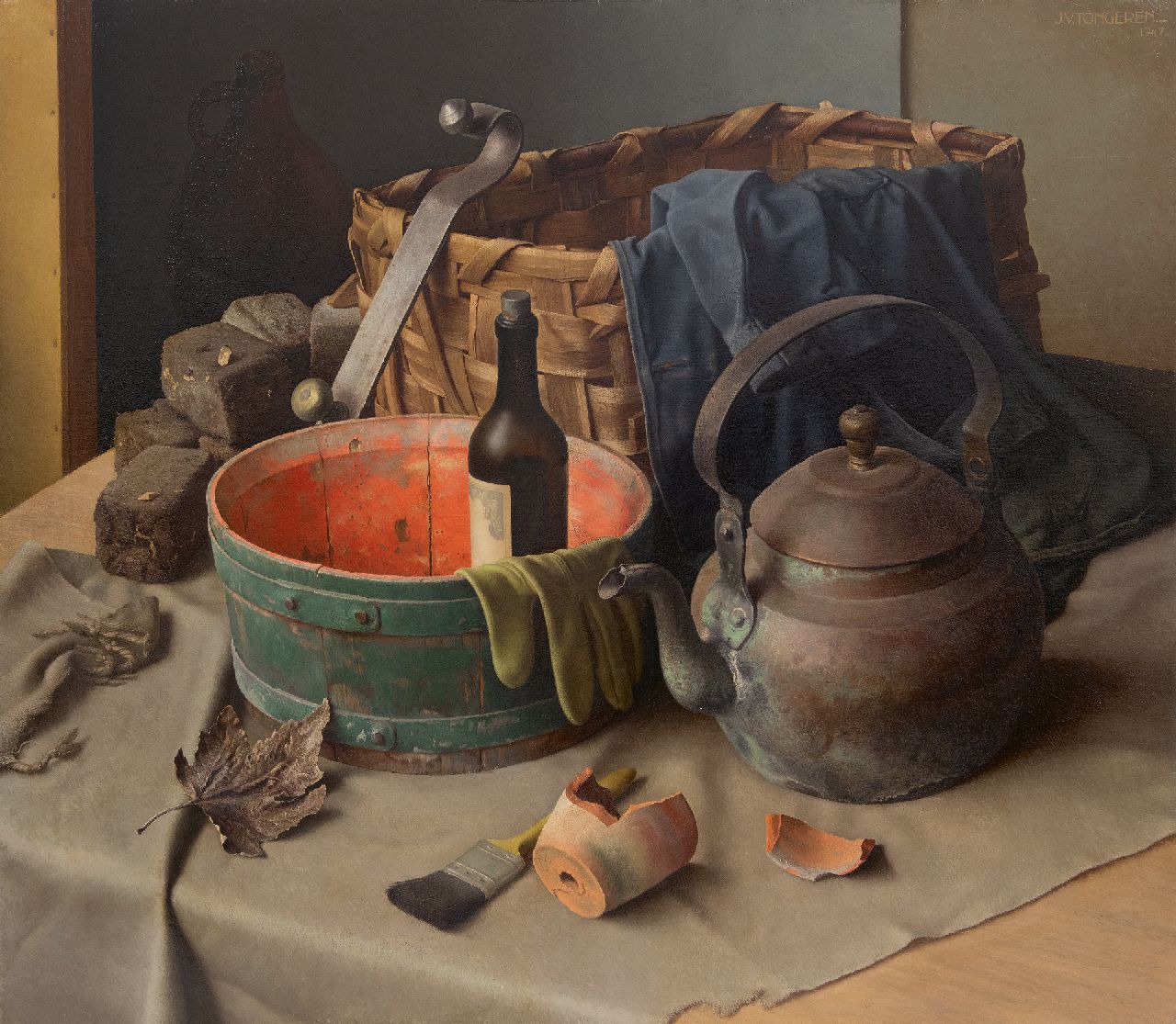 Tongeren J. van | Jan van Tongeren, Still life with a wicker basket, oil on canvas 65.2 x 75.2 cm, signed u.r. and dated 1947