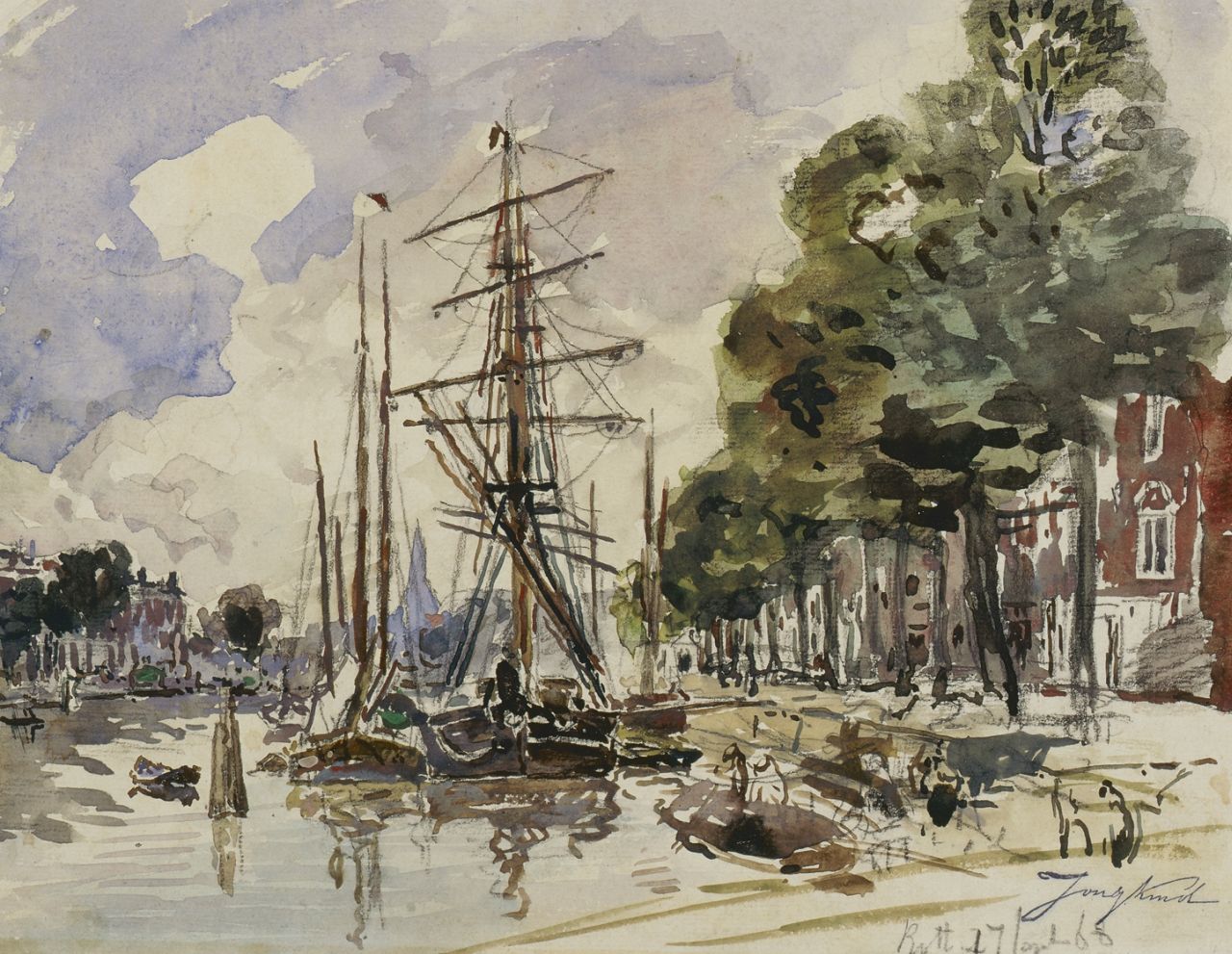 Jongkind J.B.  | Johan Barthold Jongkind, The Rotterdam harbour, with the Zuiderkerk beyond, watercolour on paper 23.5 x 29.5 cm, signed l.r. and dated '68