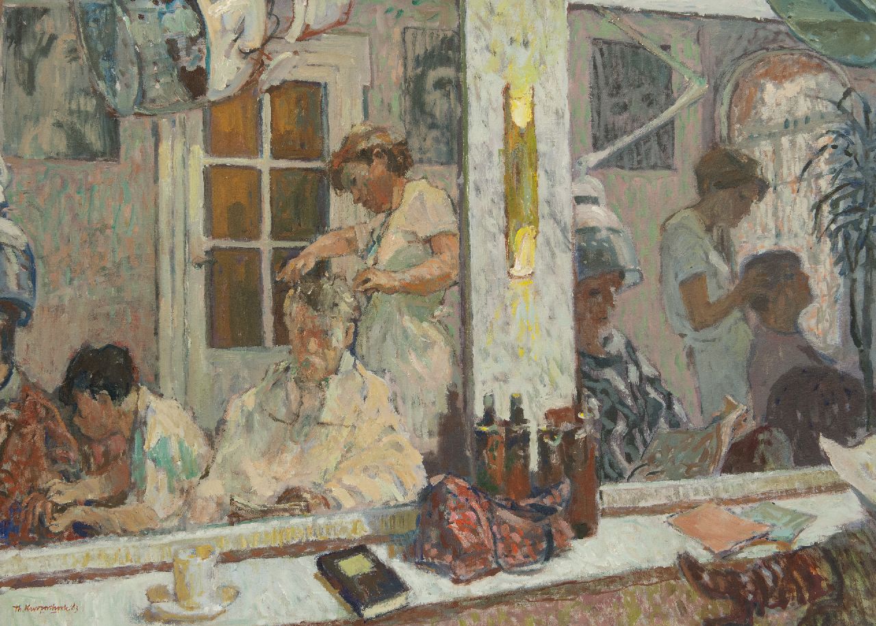 Kurpershoek T.L.  | Theodorus Lambertus 'Theo' Kurpershoek, Self portrait in the hair salon, oil on canvas 80.4 x 110.2 cm, signed l.l. and dated '83