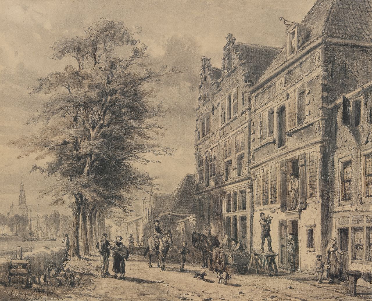 Springer C.  | Cornelis Springer, The Doelenkade in Hoorn, Holland, in summer, charcoal on paper 51.2 x 63.5 cm, signed l.l. and dated 29 nov. '74