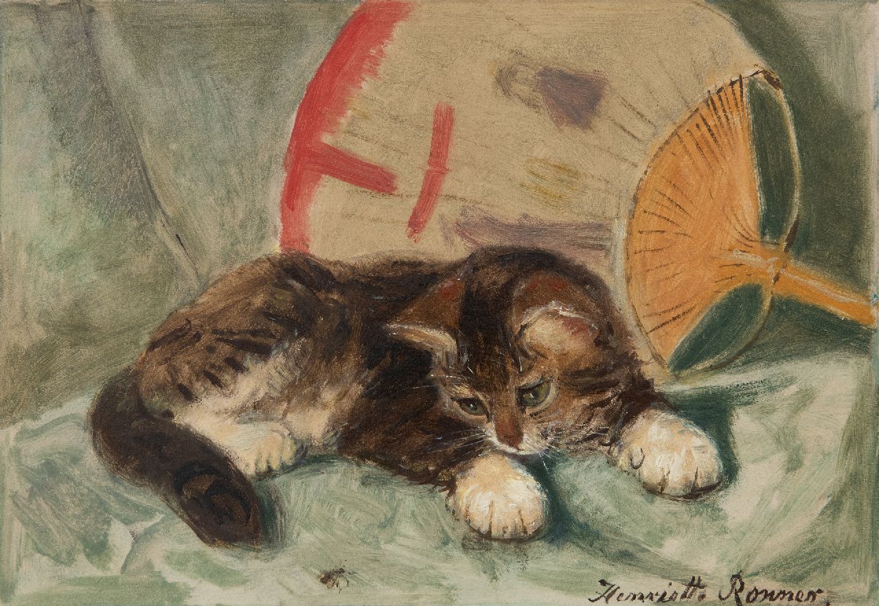 Ronner-Knip H.  | Henriette Ronner-Knip, A kitten observing a fly, oil on paper laid down on board 21.8 x 31.2 cm, signed l.r.