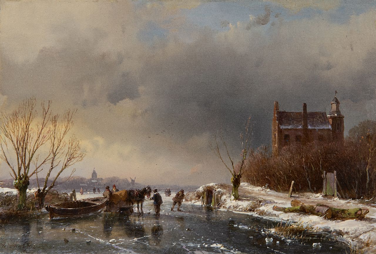 Schelfhout A.  | Andreas Schelfhout, A frozen waterway near a castle, oil on panel 15.3 x 22.7 cm, signed l.l. and dated '51