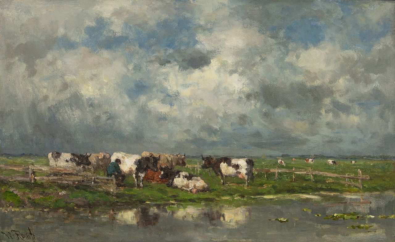 Roelofs W.  | Willem Roelofs, Milking time, oil on canvas 37.3 x 58.4 cm, signed l.l. and painted ca. 1886