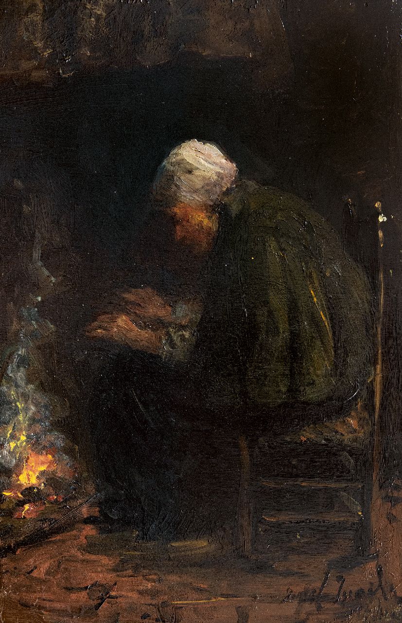 Israëls J.  | Jozef Israëls, By the fire, oil on panel 29.5 x 20.0 cm, signed l.r. (twice)