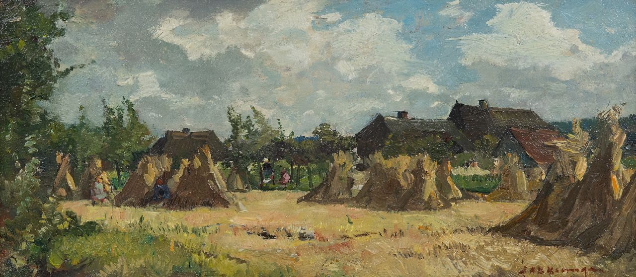 Akkeringa J.E.H.  | 'Johannes Evert' Hendrik Akkeringa | Paintings offered for sale | Children playing between wheat sheaves, oil on panel 12.1 x 27.1 cm, signed l.r.