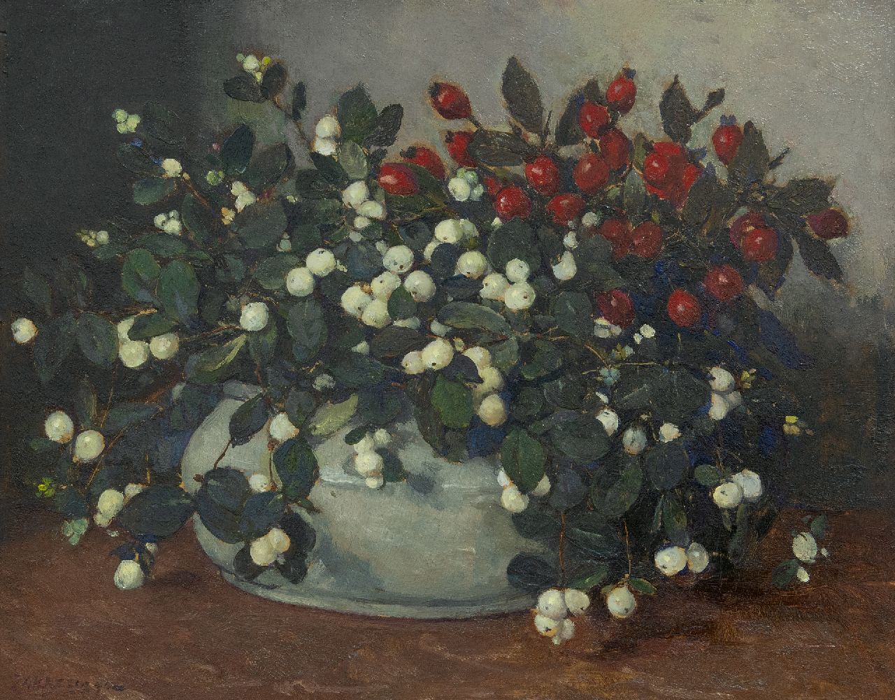 Akkeringa J.E.H.  | 'Johannes Evert' Hendrik Akkeringa, Snowberries and rosehips in a cream vase, oil on panel 34.0 x 42.1 cm, signed l.l.