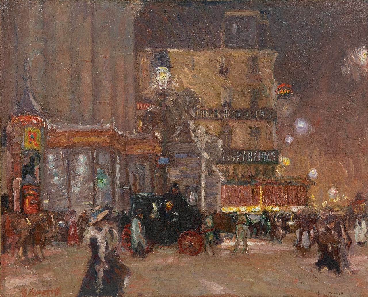 Niekerk M.J.  | 'Maurits' Joseph Niekerk, A night out in Brussels at the Place de la Bourse, oil on canvas laid down on panel 55.9 x 70.0 cm, signed l.l. and painted ca. 1903-1908