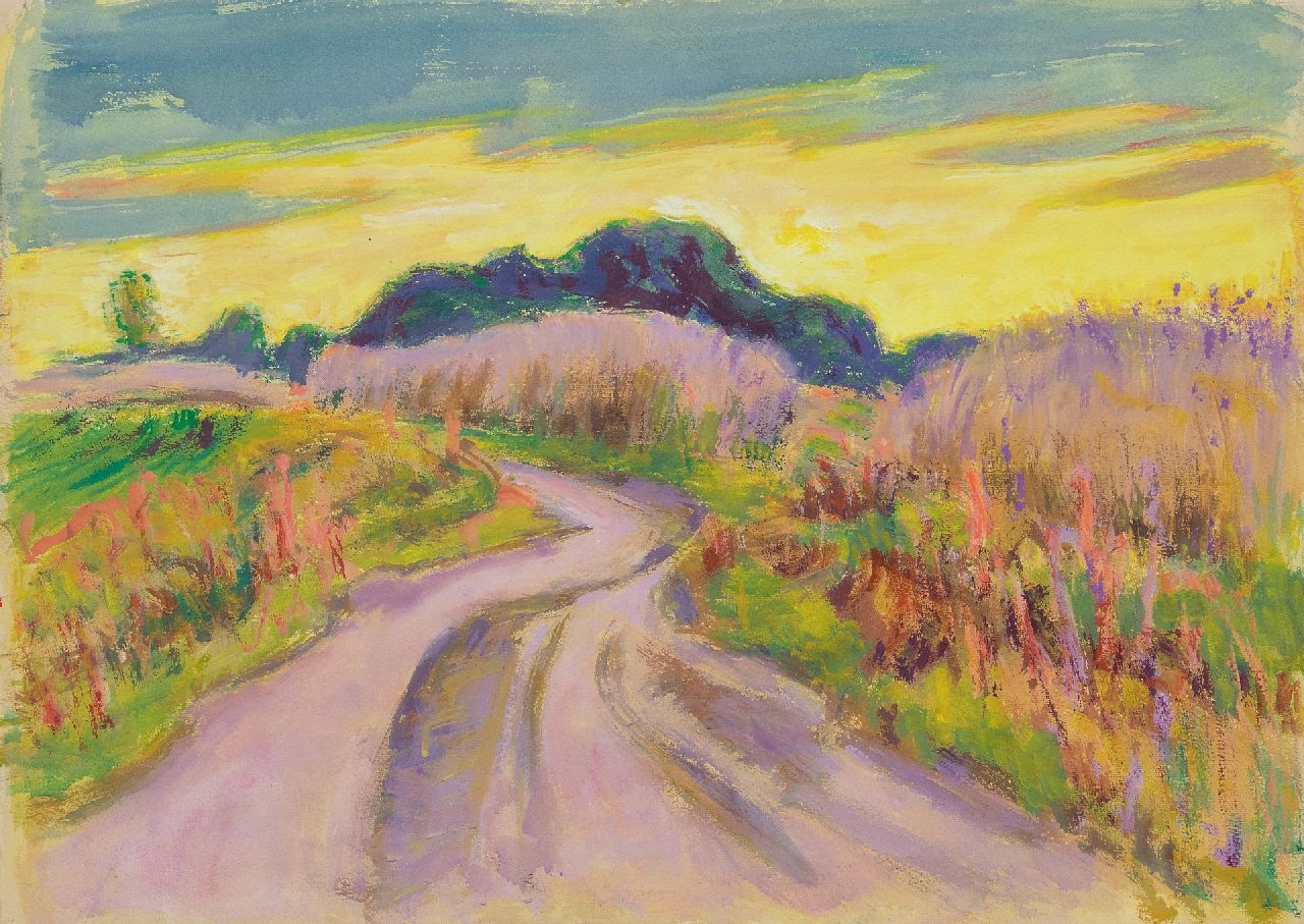 Altink J.  | Jan Altink, Country road with yellow sky; on the reverse: Wooded path, gouache on paper 56.0 x 78.4 cm