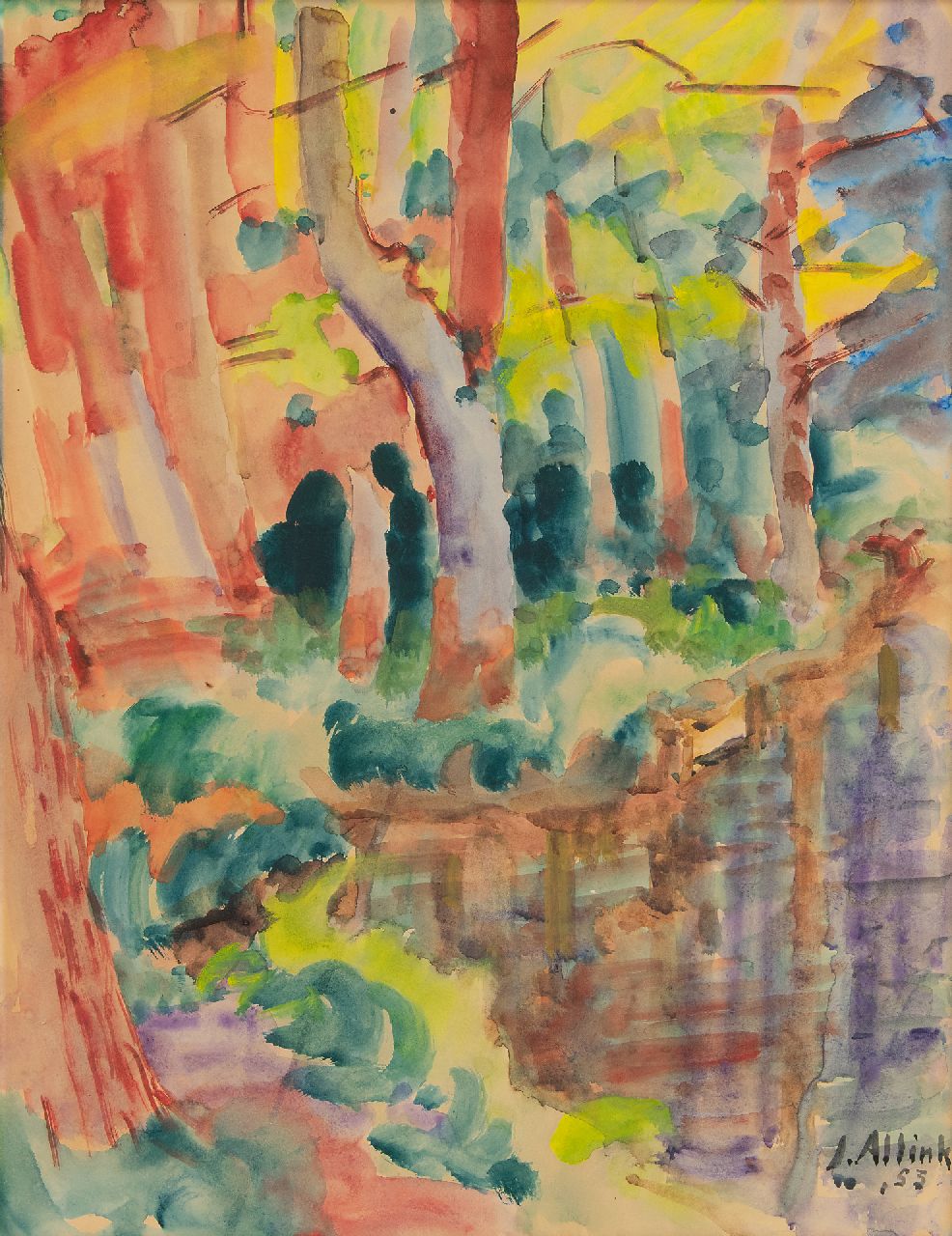 Altink J.  | Jan Altink, Forest with a pond, watercolour on paper 61.7 x 46.7 cm, signed l.r. and dated '55