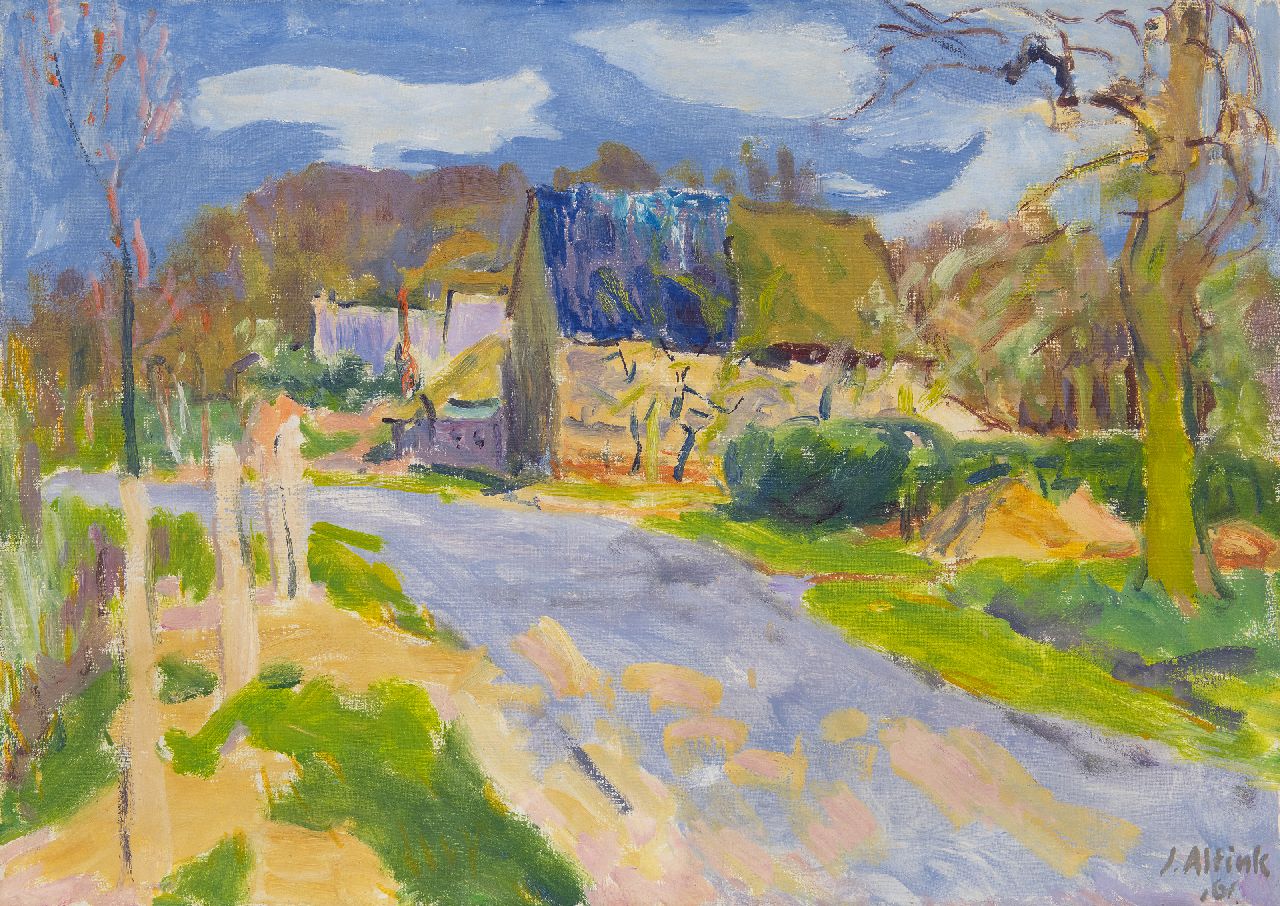 Altink J.  | Jan Altink, A village road near Dwingeloo, Drenthe, oil on canvas 49.9 x 70.1 cm, signed l.r. and dated '61
