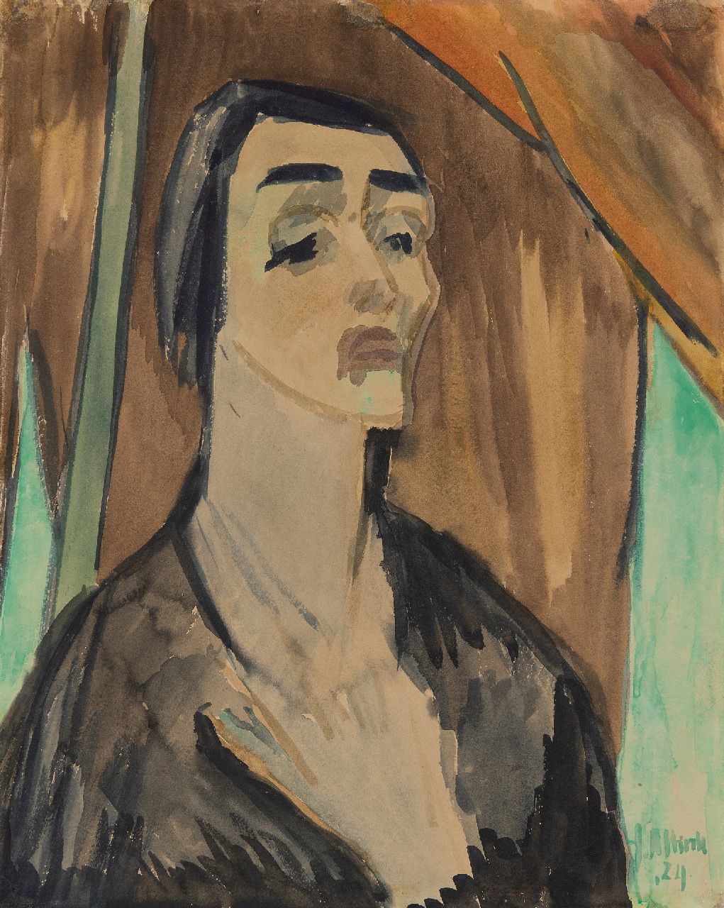 Altink J.  | Jan Altink, A portrait of Mrs Georges Duhamel reciting a poem, ink and watercolour on paper 54.6 x 43.3 cm, signed l.r. and dated '24