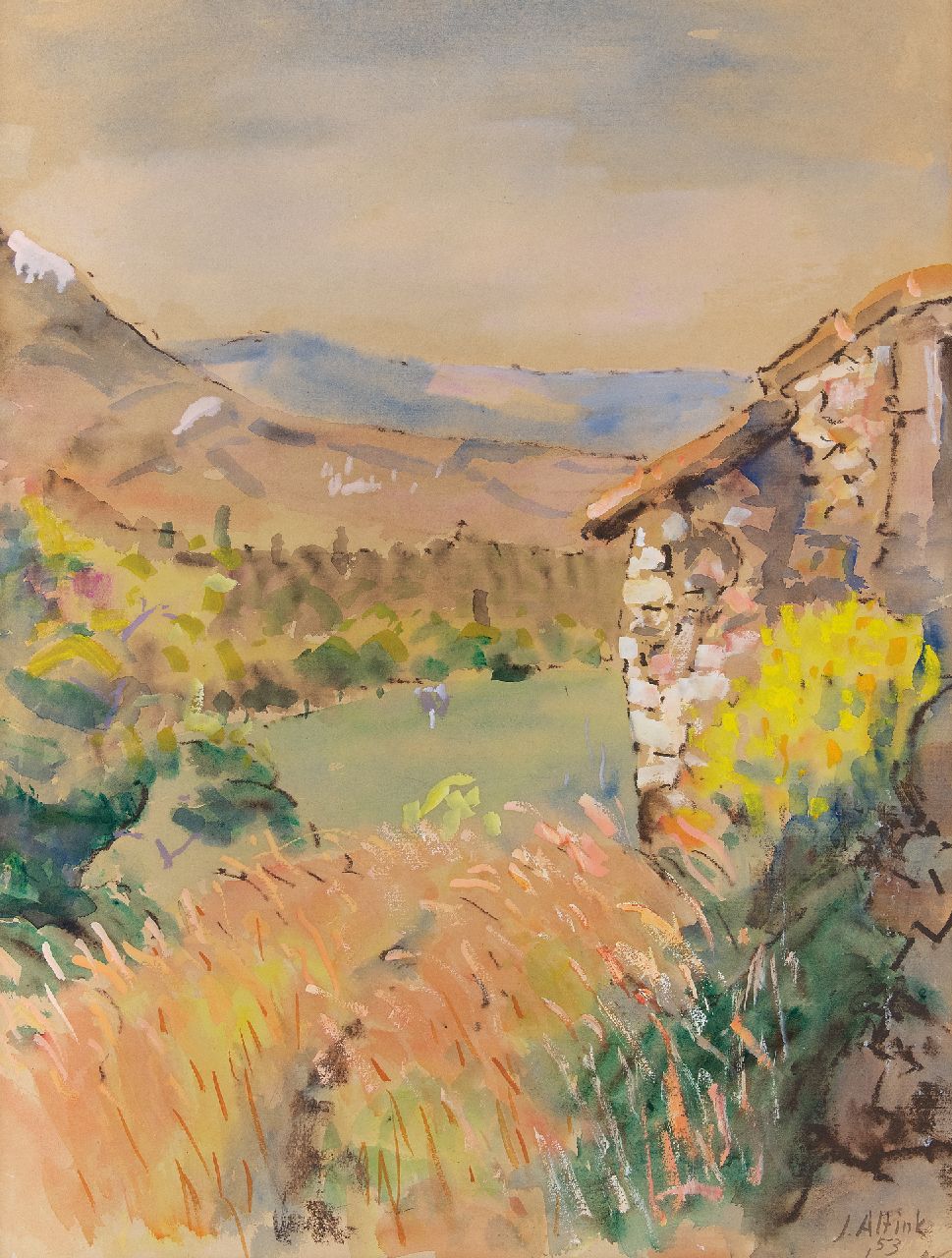 Altink J.  | Jan Altink, Abandoned farm in France, tempera on paper 63.0 x 47.5 cm, signed l.r. and dated '53
