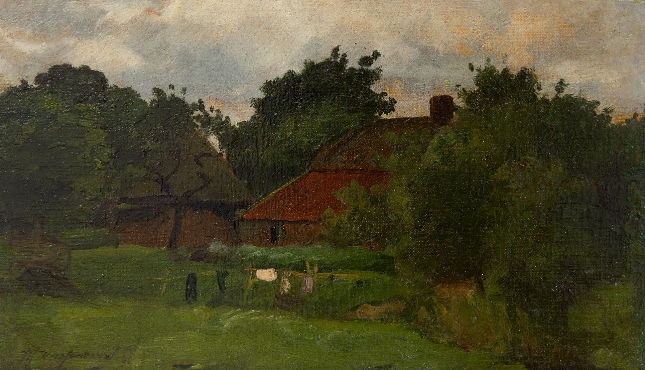 Weissenbruch H.J.  | Hendrik Johannes 'J.H.' Weissenbruch, A farmhouse with drying laundry, oil on canvas laid down on panel 15.4 x 26.1 cm, signed l.l.