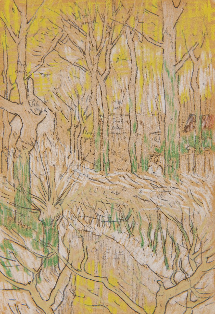 Toorop J.Th.  | Johannes Theodorus 'Jan' Toorop, A small lake surrounded by trees, farmhouses in the distance, black and coloured chalk on paper 16.4 x 11.3 cm