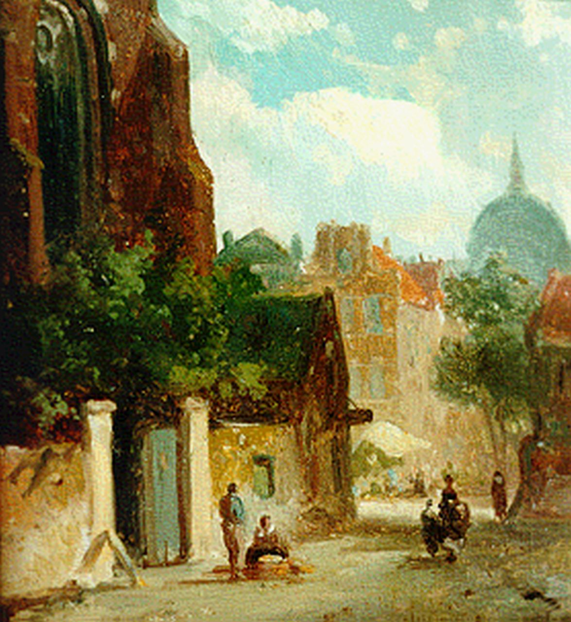 Eversen A.  | Adrianus Eversen, A sunlit street, oil on panel 11.0 x 10.7 cm