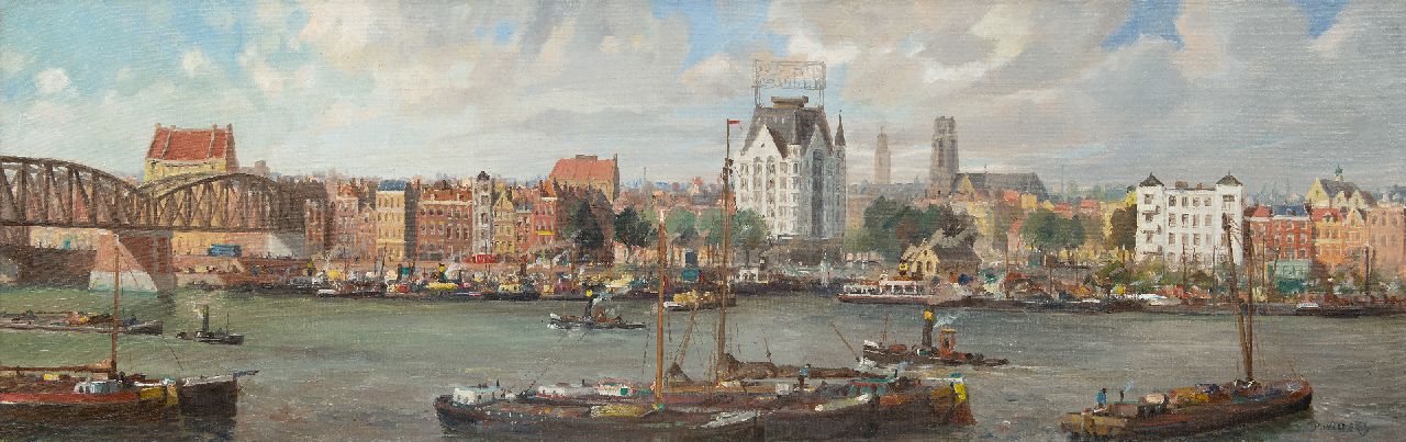 Welther H.  | Hendrik 'Henk' Welther, Panoramic view of Rotterdam with the 'Witte Huis' and the old railway bridge, oil on canvas 40.1 x 125.1 cm, signed l.r.