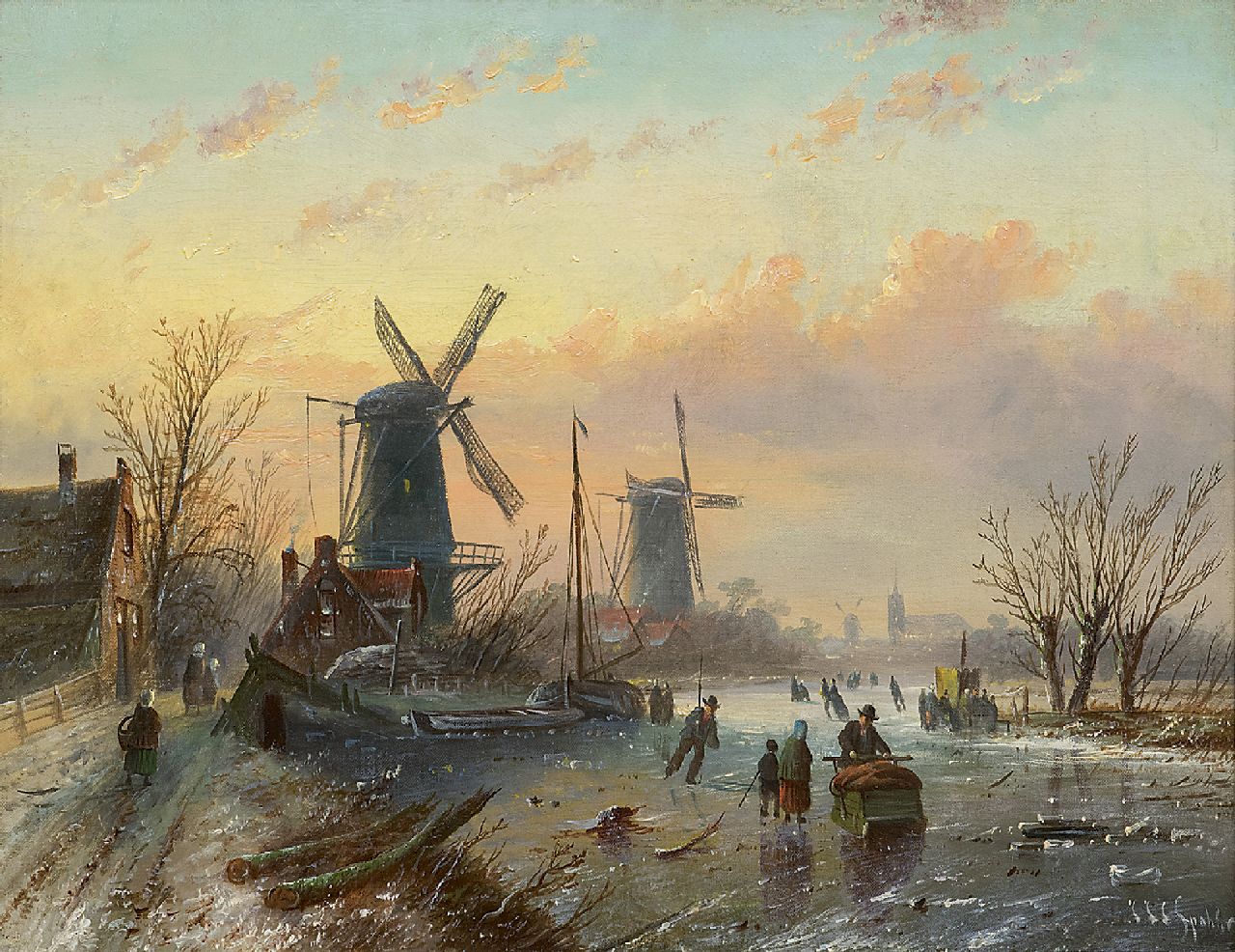 Spohler J.J.C.  | Jacob Jan Coenraad Spohler, Skaters on a frozen river, oil on canvas 35.2 x 45.3 cm, signed l.r.