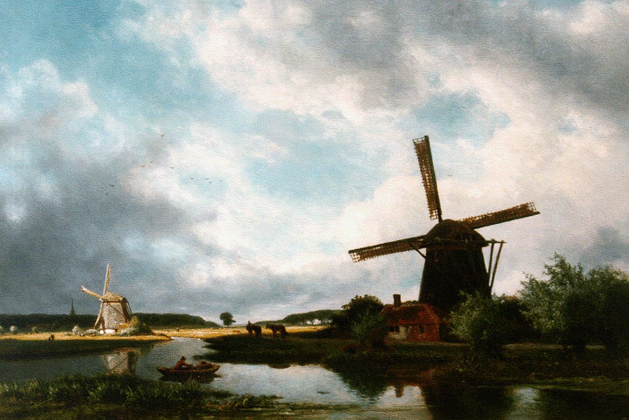 Roelofs W.  | Willem Roelofs, Windmills along a canal, oil on canvas 68.5 x 99.5 cm, signed l.l.