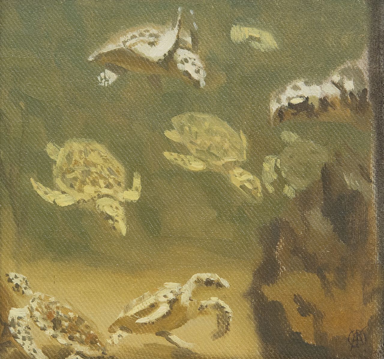 Dijsselhof G.W.  | Gerrit Willem Dijsselhof | Paintings offered for sale | Turtles, oil on panel 15.0 x 15.0 cm, signed l.r. with monogram