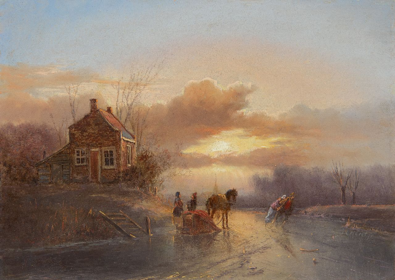 Morel II J.E.  | Jan Evert Morel II | Paintings offered for sale | A horse drawn sledge and skaters at sunset, oil on panel 20.2 x 28.5 cm, signed l.r.
