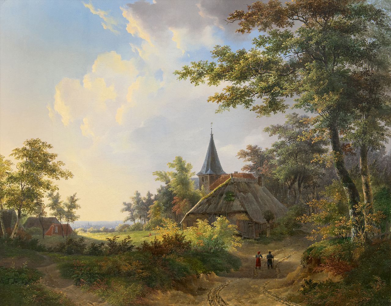 Willem de Klerk | Land folk on a wooded path near a church, oil on canvas, 56.4 x 71.5 cm, signed l.c.