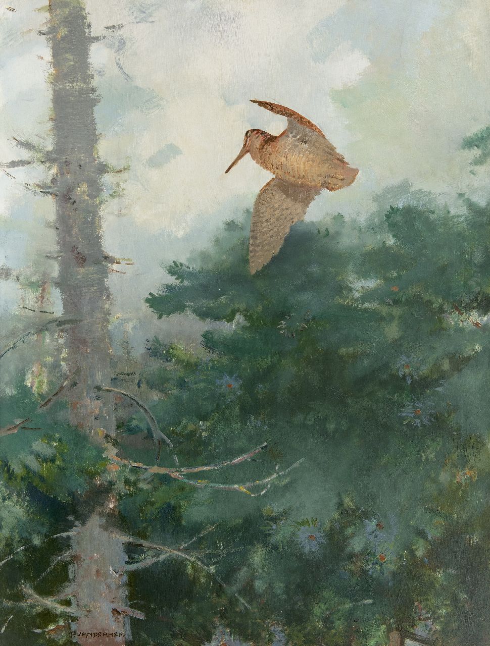 Hem P. van der | Pieter 'Piet' van der Hem, Flying woodcock, oil on board 78.5 x 59.5 cm, signed l.l.